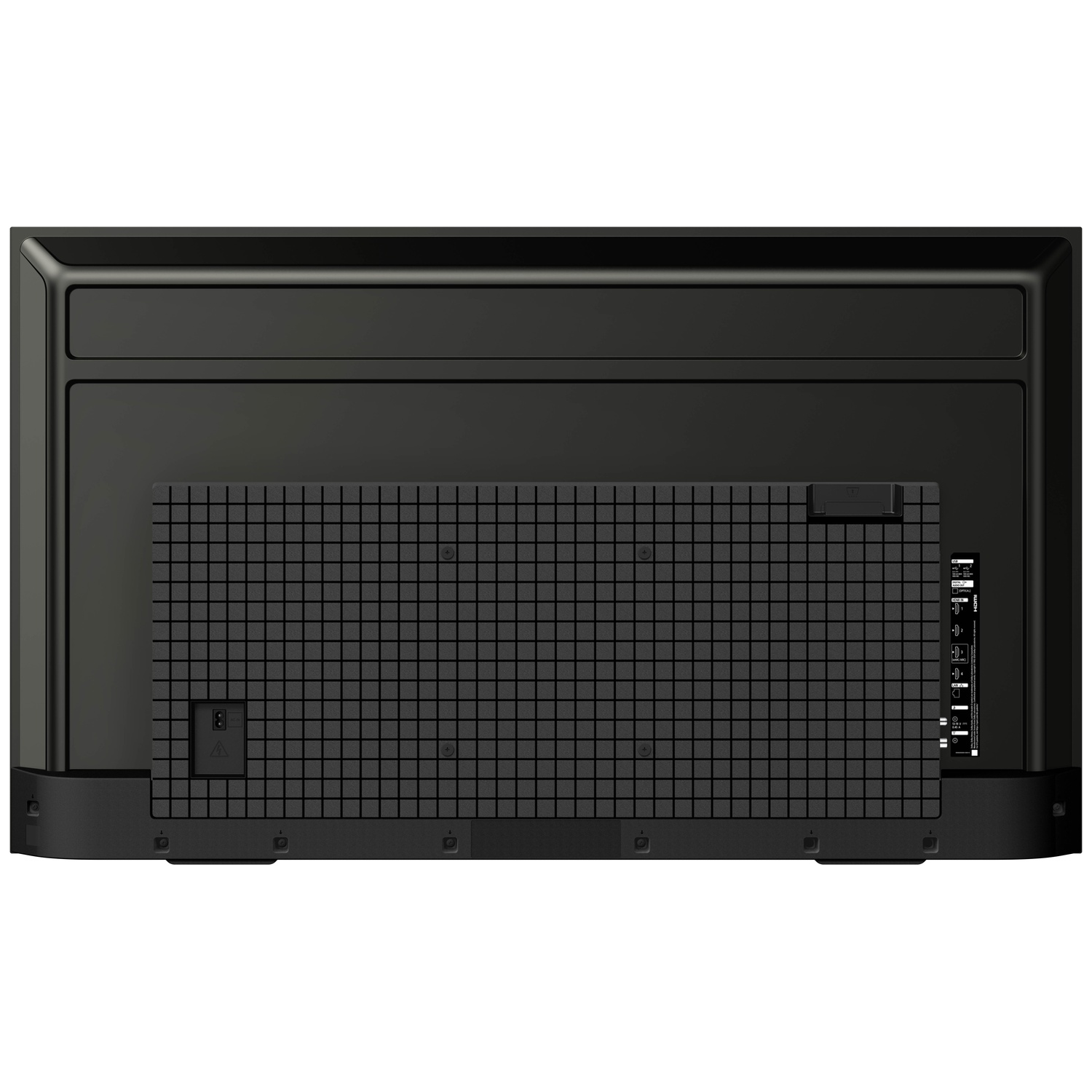 The back of a black television with vents and ports.