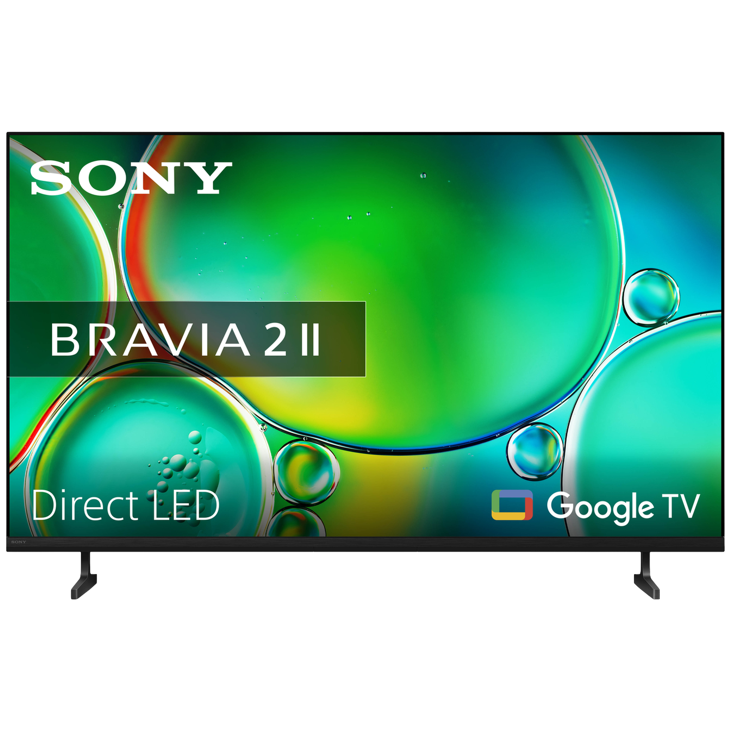 Sony Bravia 2 II Direct LED Google TV met groene en blauwe bubbelachtergrond.