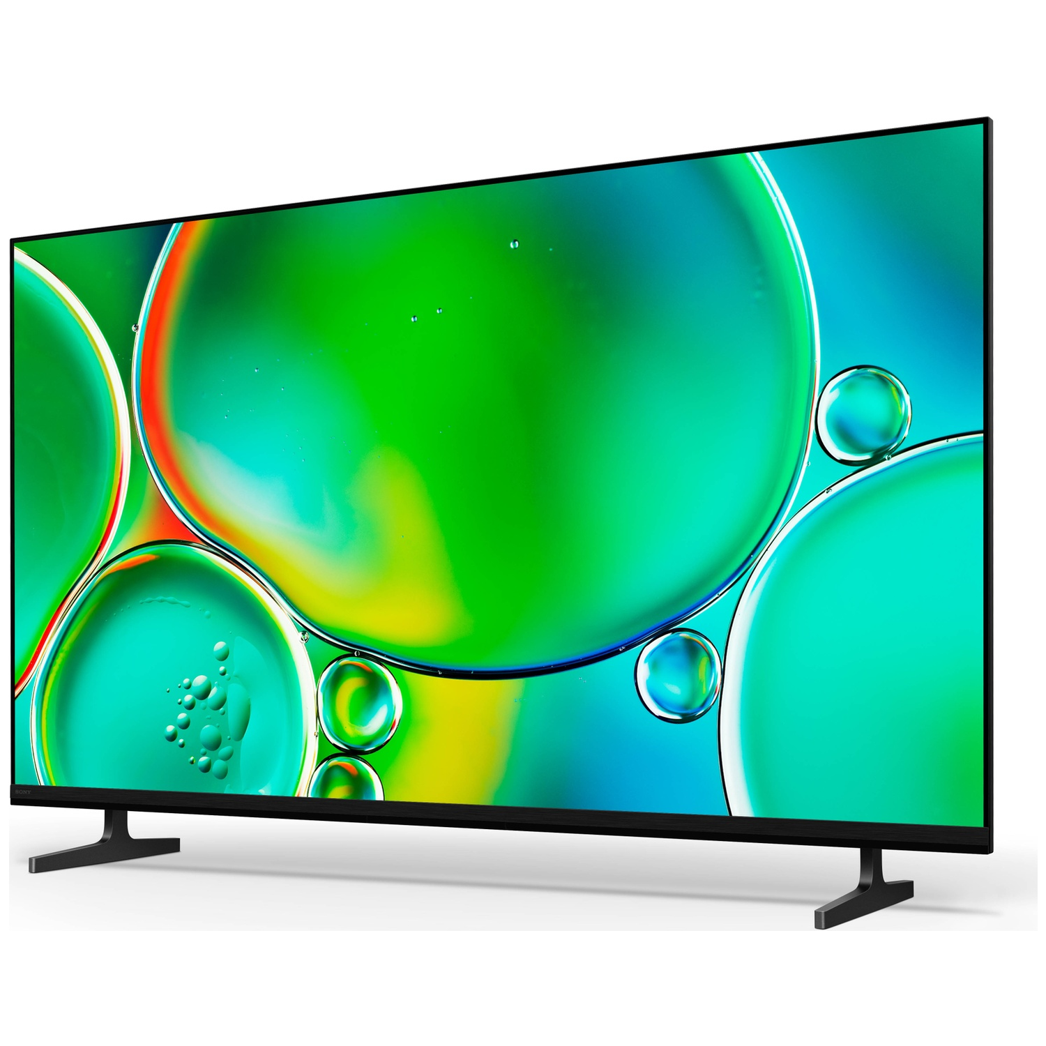 Een moderne zwarte televisie op witte achtergrond toont kleurrijke bubbels.