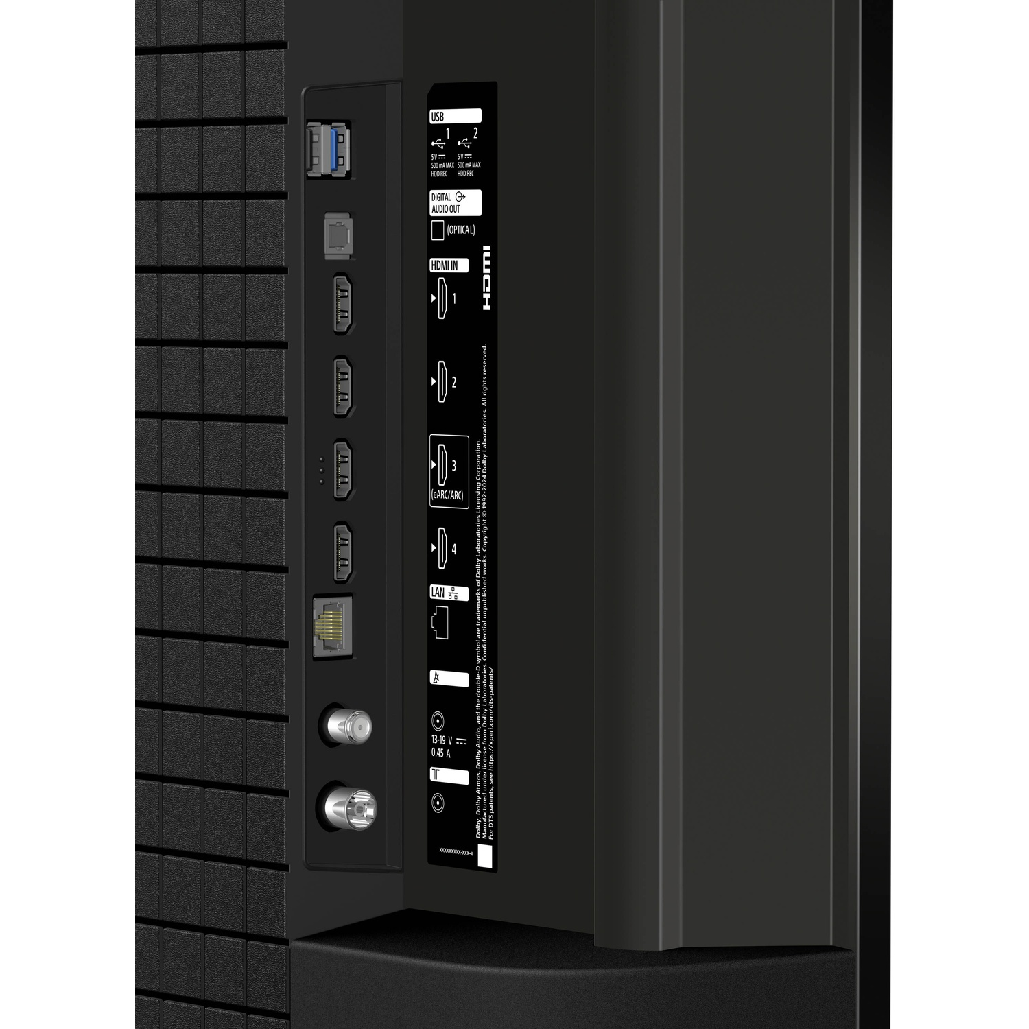 Achterkant van een tv met diverse poorten: USB, HDMI, LAN, digitale audio-uitgang.