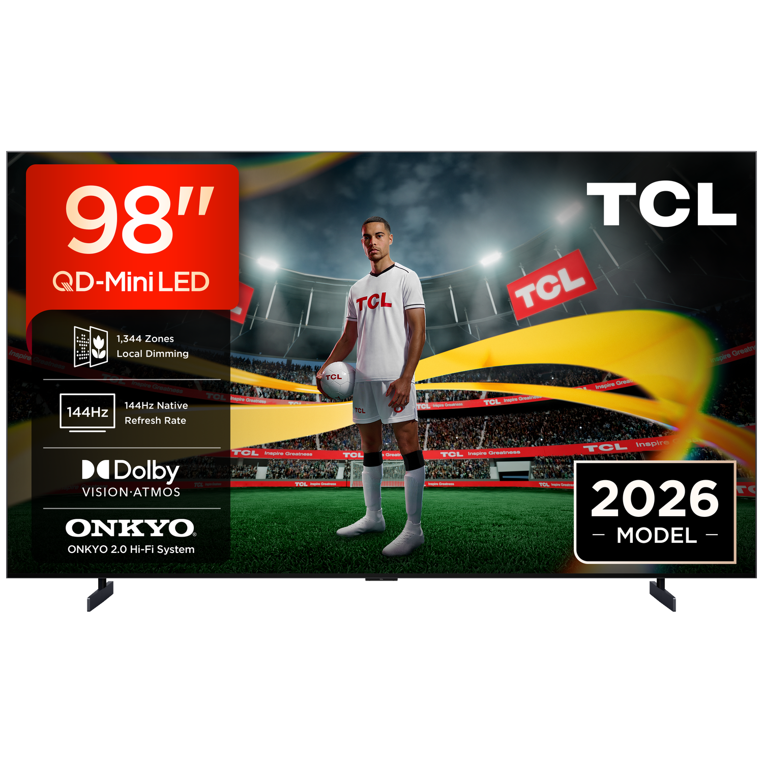 Een 98-inch TCL QD-Mini LED TV toont een voetballer in een stadion. Kenmerken: 1344 zones, 144Hz verversingssnelheid, Dolby Vision Atmos, Onkyo geluid.