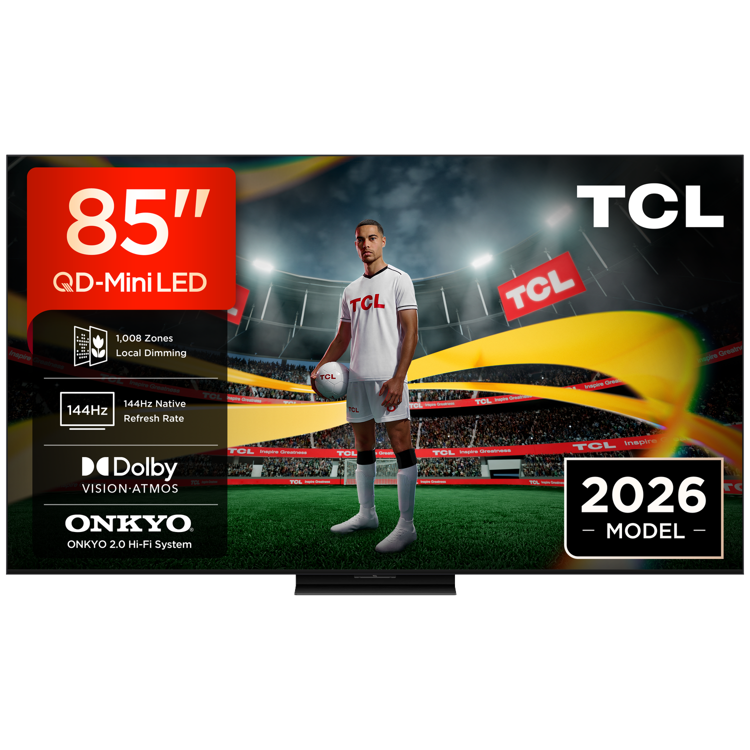 TV TCL 85" QD-Mini LED 144Hz, Dolby Vision/Atmos, son Onkyo.
