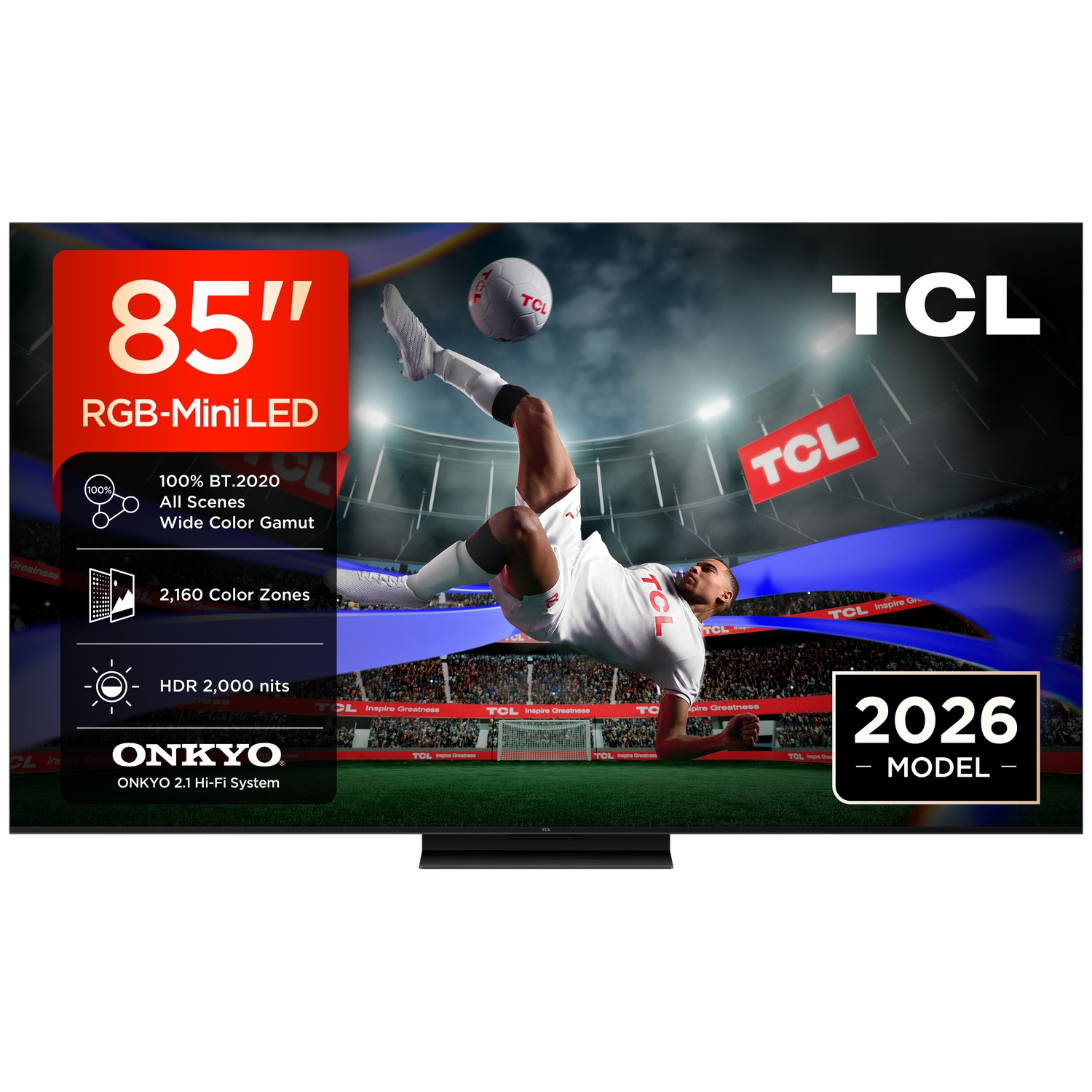 Un téléviseur TCL 85" RGB-Mini LED affiche un joueur de football frappant un ballon. Caractéristiques listées.