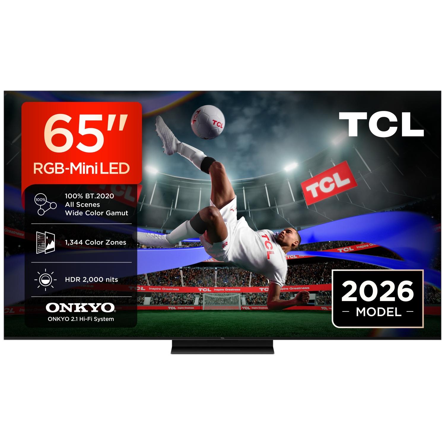 TV TCL 65" RGB-Mini LED avec joueur de foot. Modèle 2026.