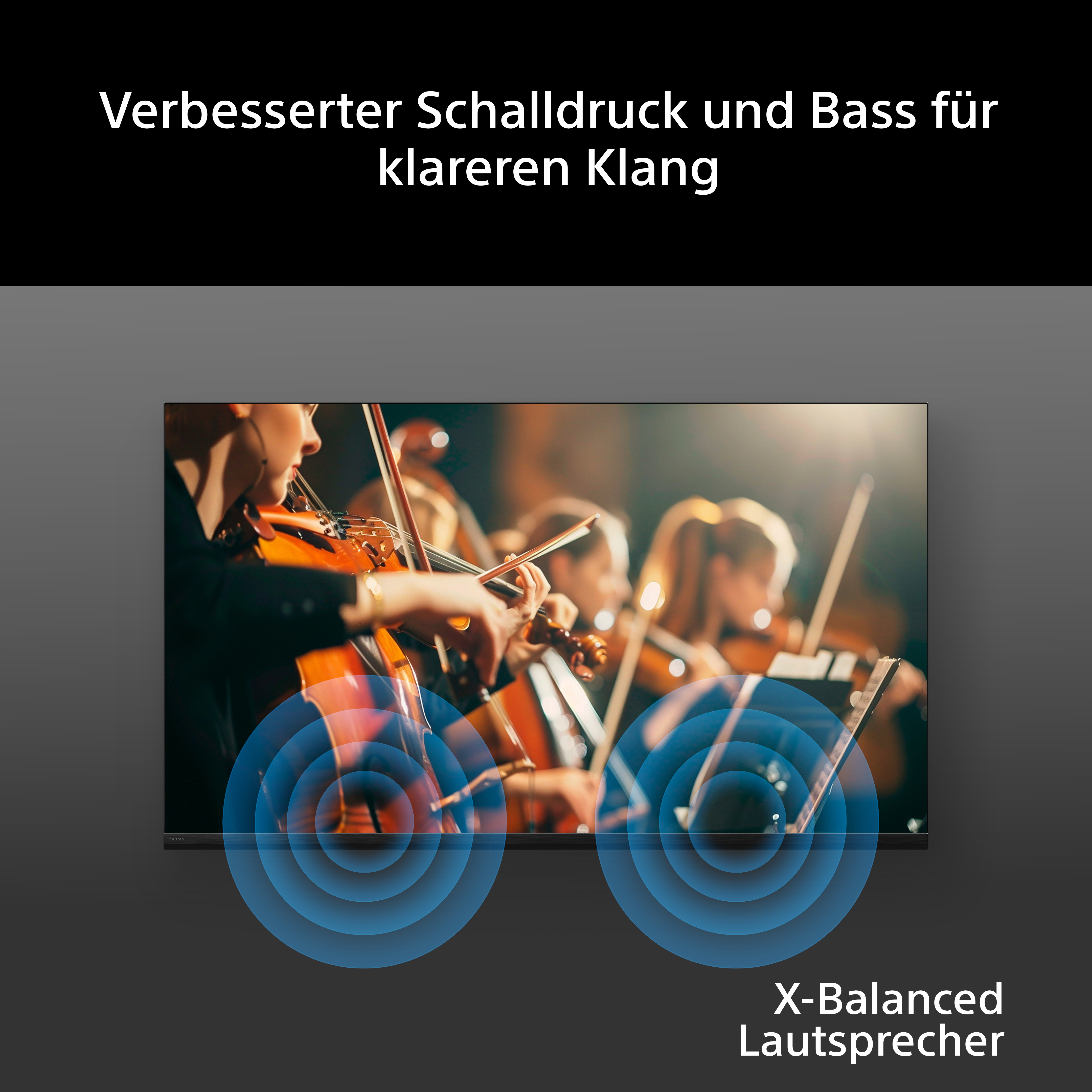 Orchester spielt Geige, mit blauen Schallwellen, die aus dem Fernseher kommen.