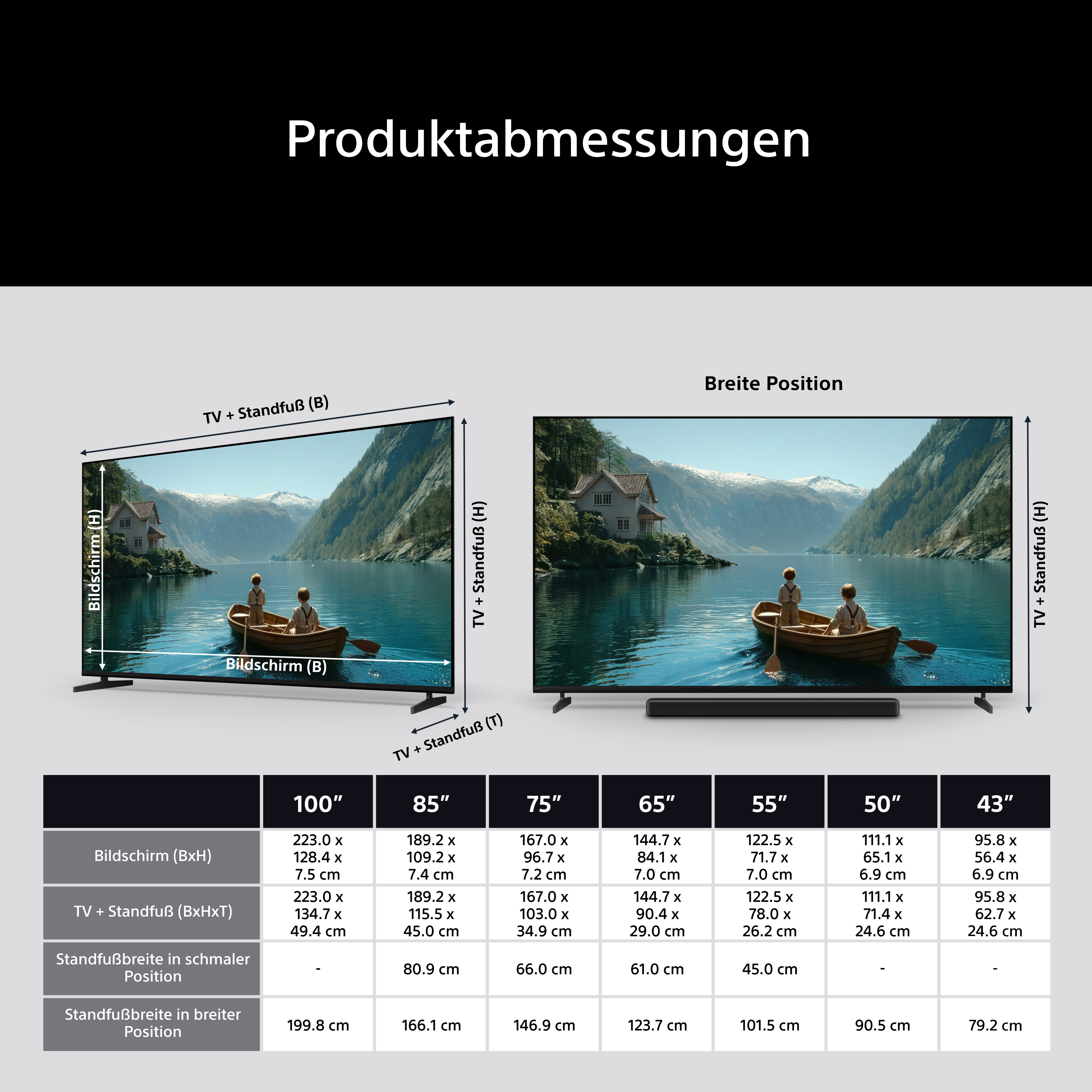 Tabelle mit TV-Produktabmessungen, Bildschirmgrößen und Standfußbreiten.