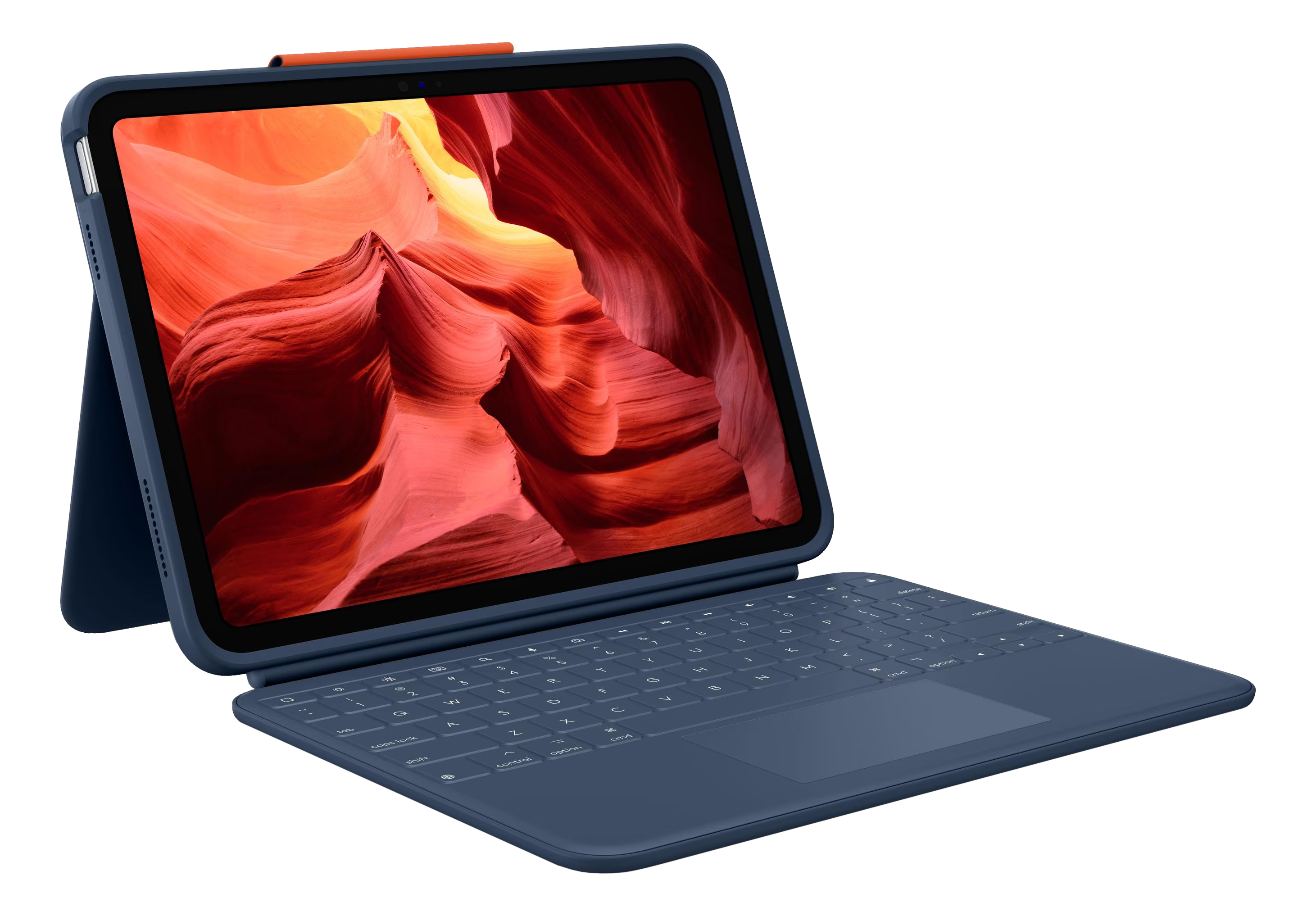 Ein blaues Tablet mit Tastatur und einem Hintergrundbild von roten Felsformationen.