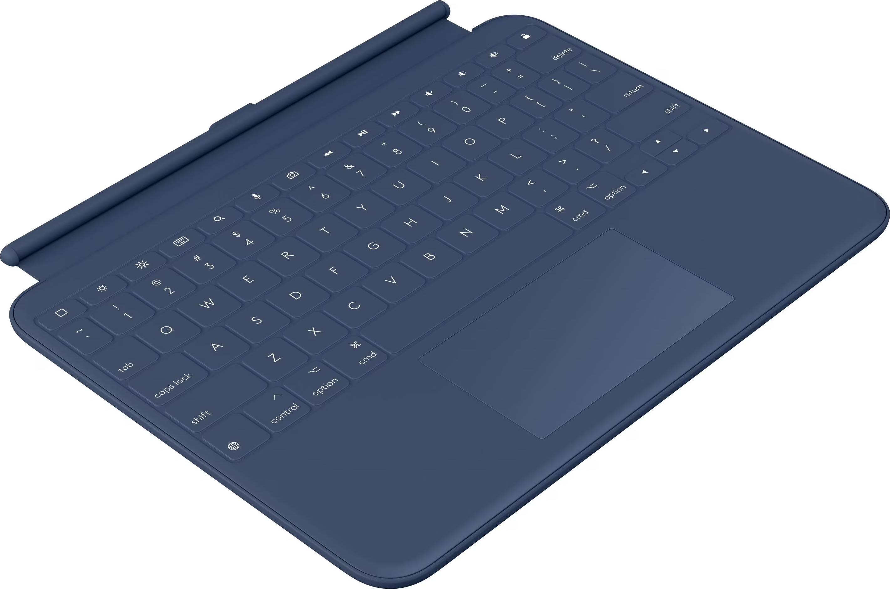 Eine blaue Tastatur mit Trackpad und Stifthalterung, mit Tastenbeschriftungen.