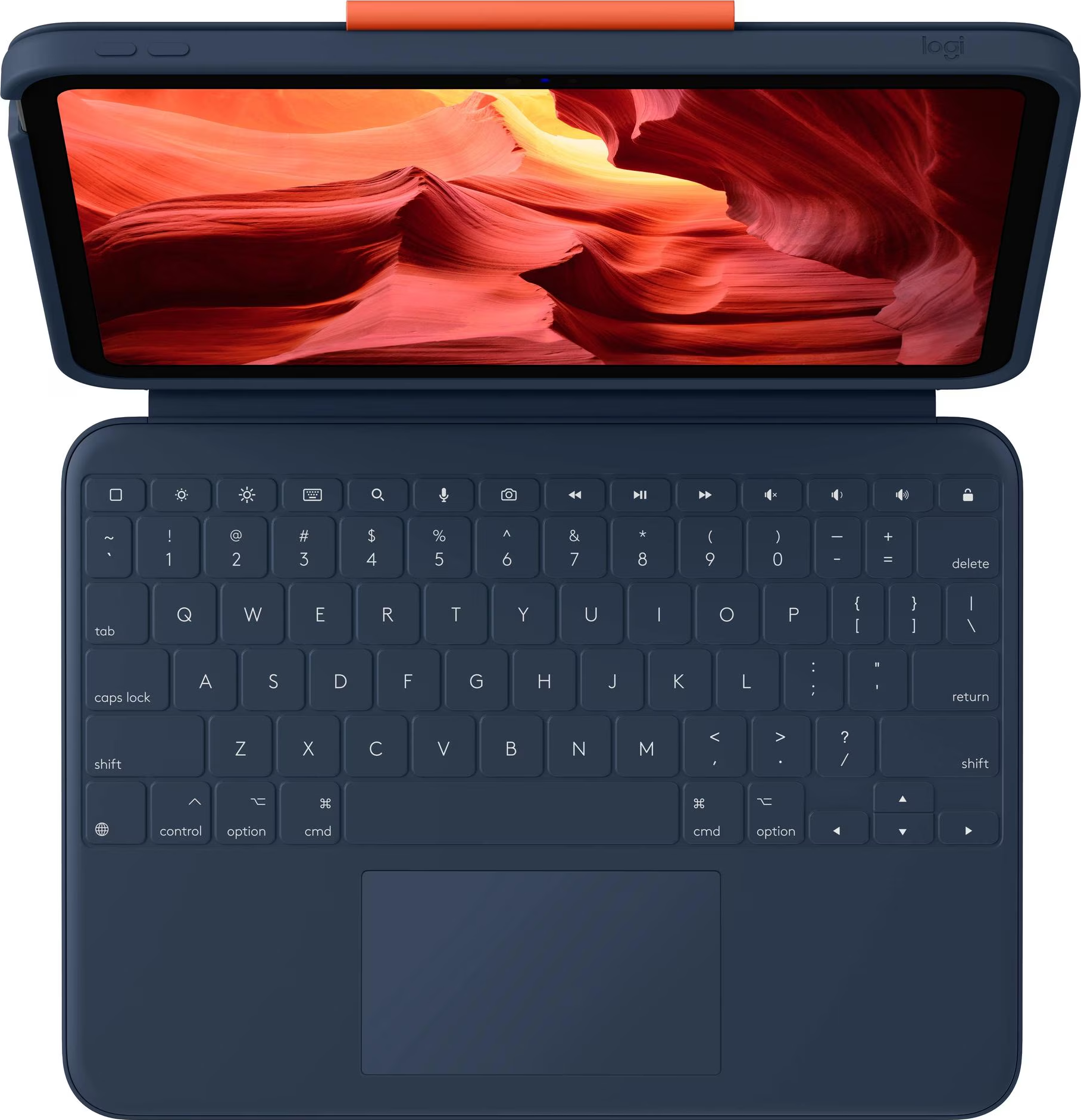 Dunkelblaues Tablet mit Tastatur und leuchtend orangem Griff. Der Bildschirm zeigt eine rote Felsformation.