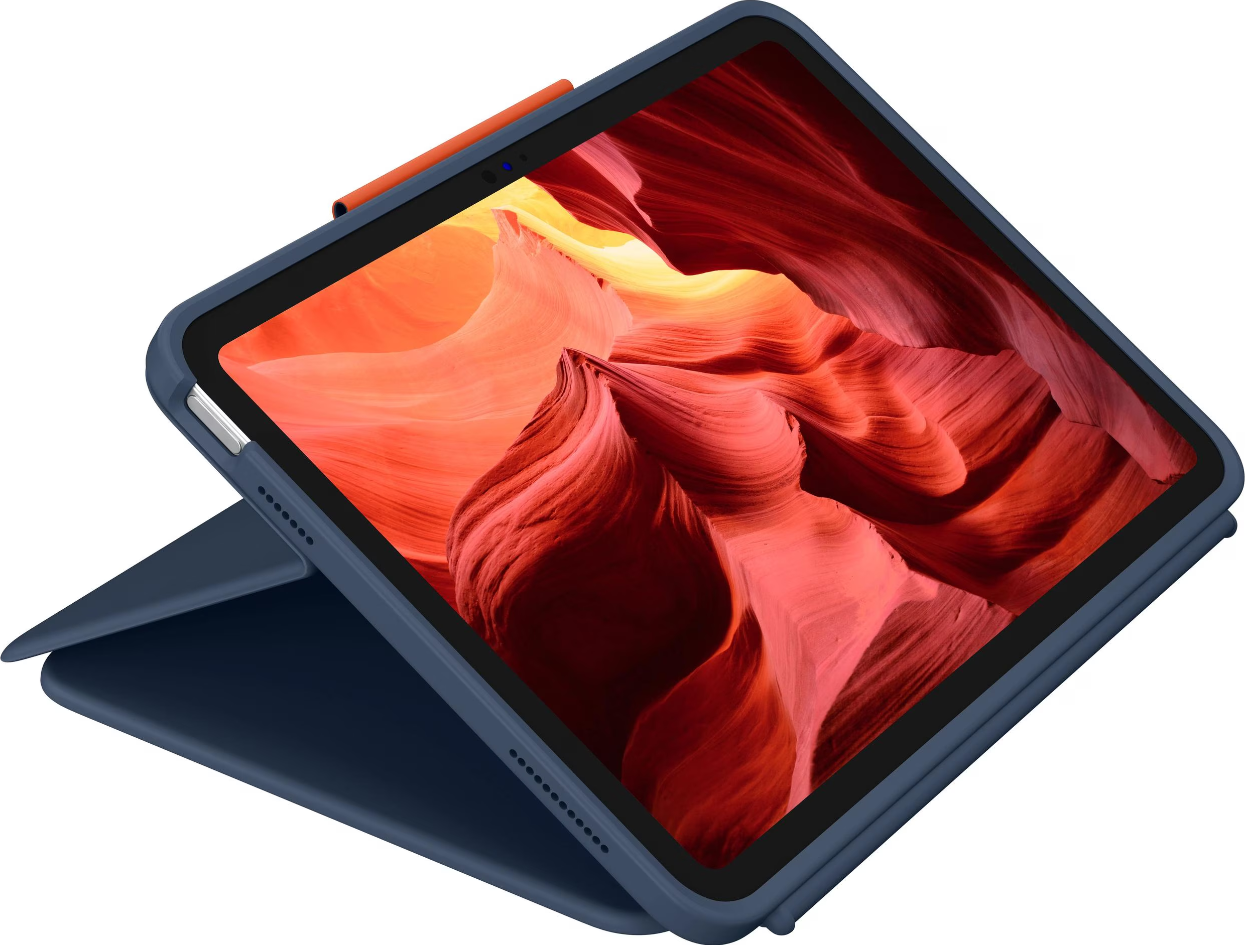 Ein dunkelblaues Tablet mit einer Hülle und einem orangefarbenen Stift auf dem Bildschirm.
