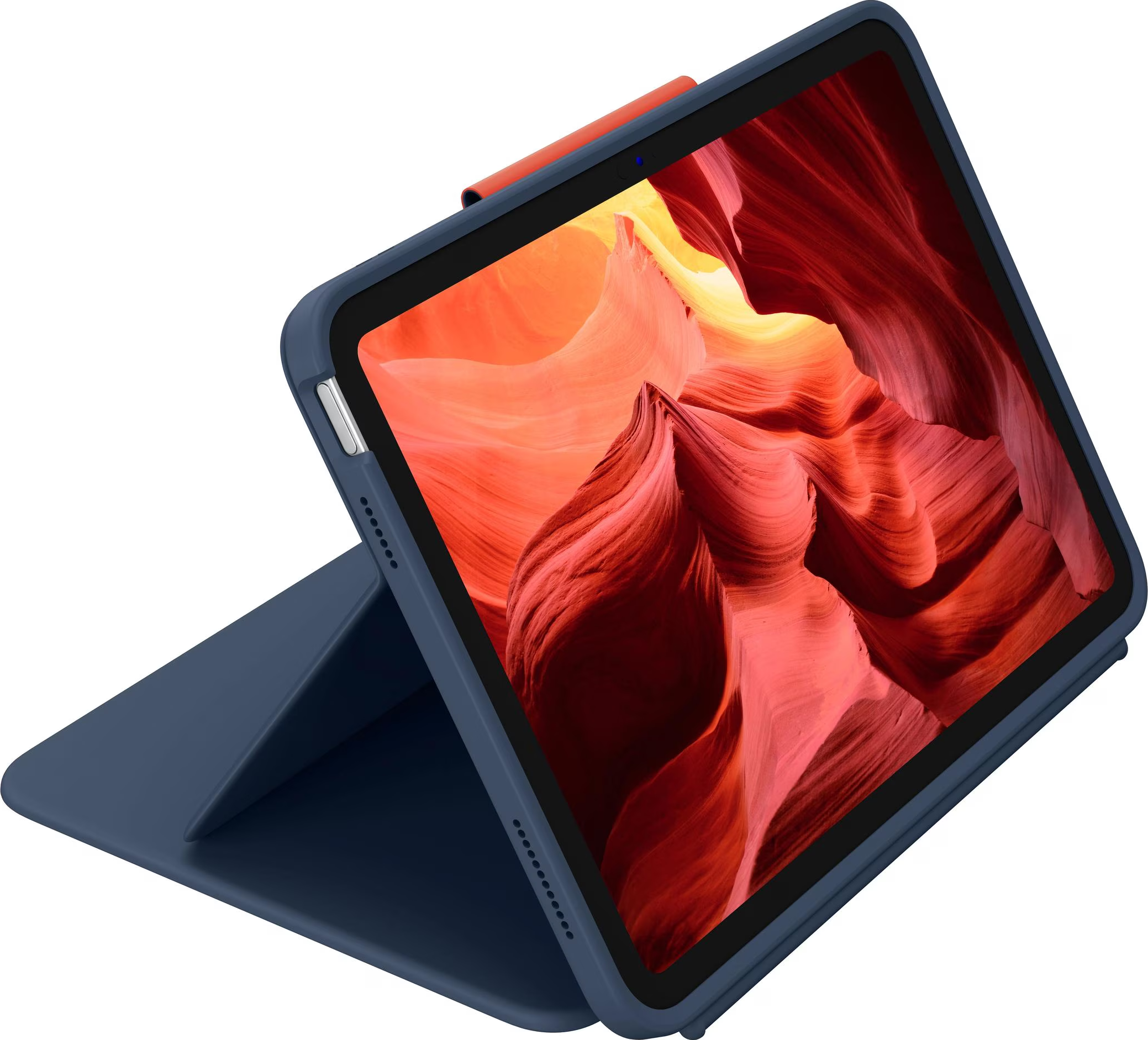 Ein blaues Tablet mit Hülle zeigt eine Landschaft im Antilopen-Canyon.