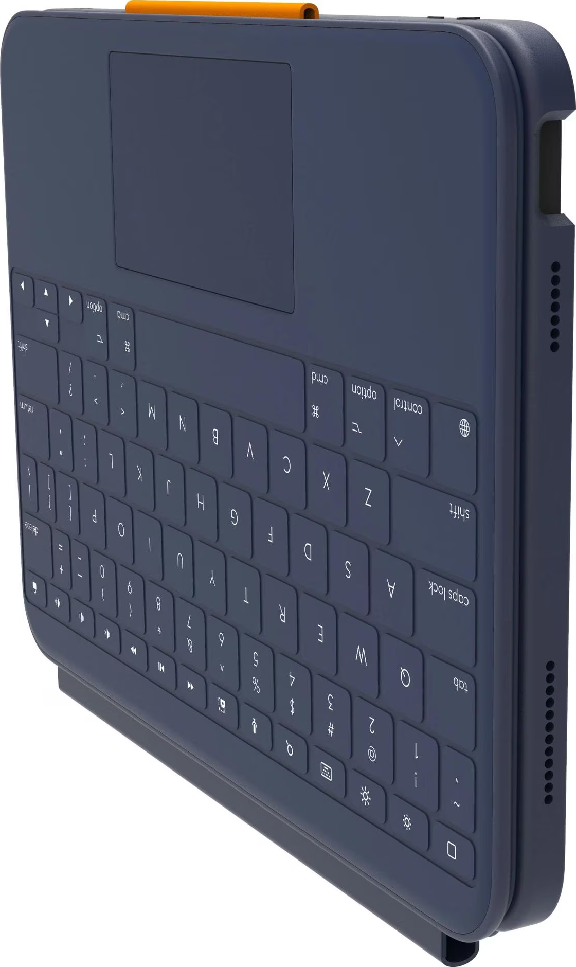 Dunkelblaues Tablet-Keyboard mit Trackpad und orangefarbenem Stifthalter.