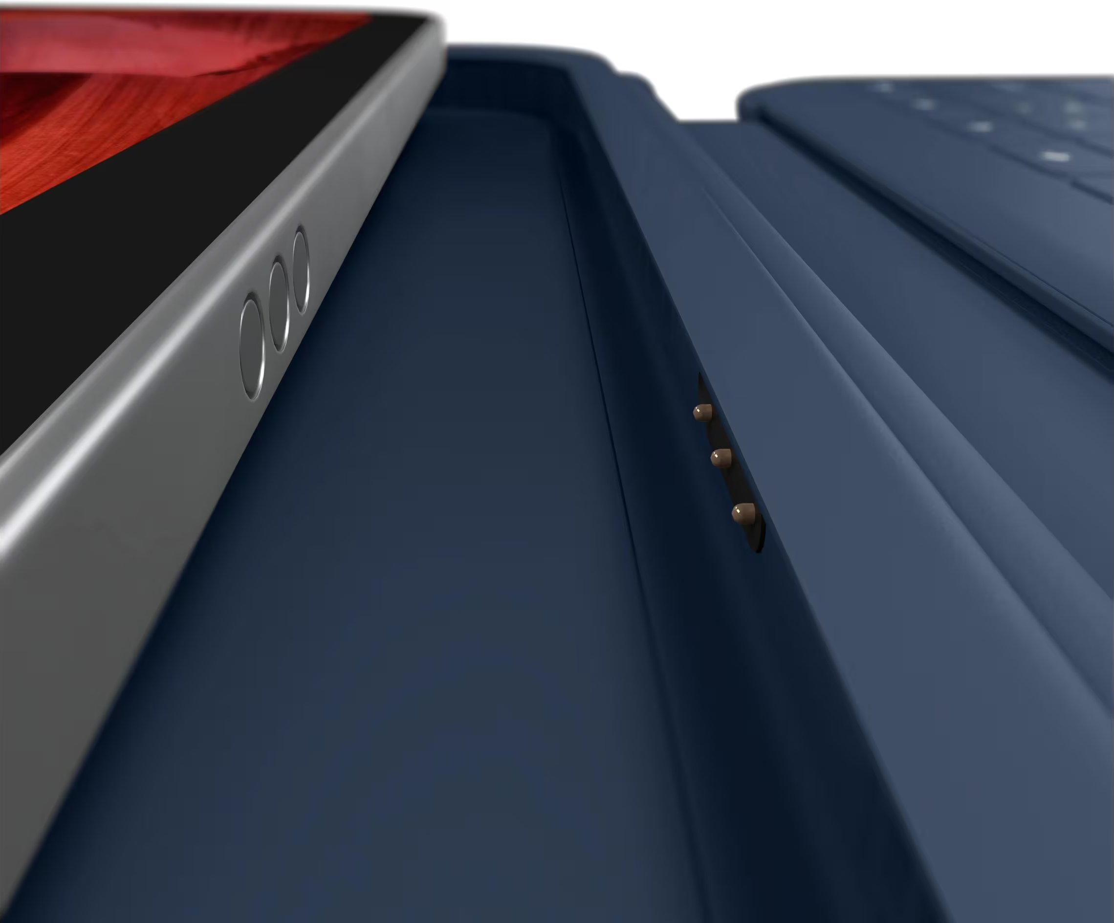 Nahaufnahme eines blauen Laptops mit silbernen Tasten und Anschlüssen.