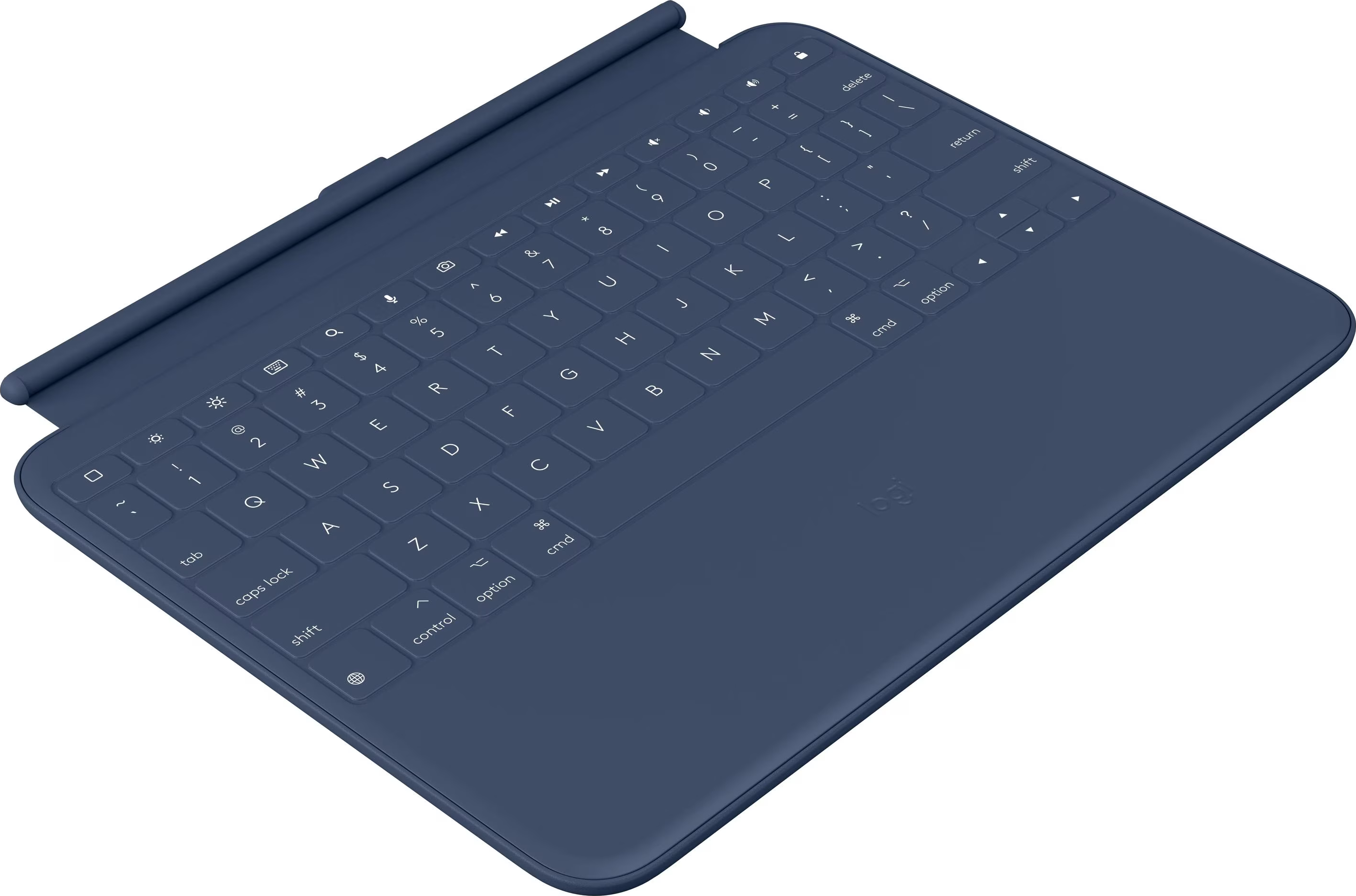 Dunkelblaues Tablet-Tastatur-Cover mit Stifthalter.