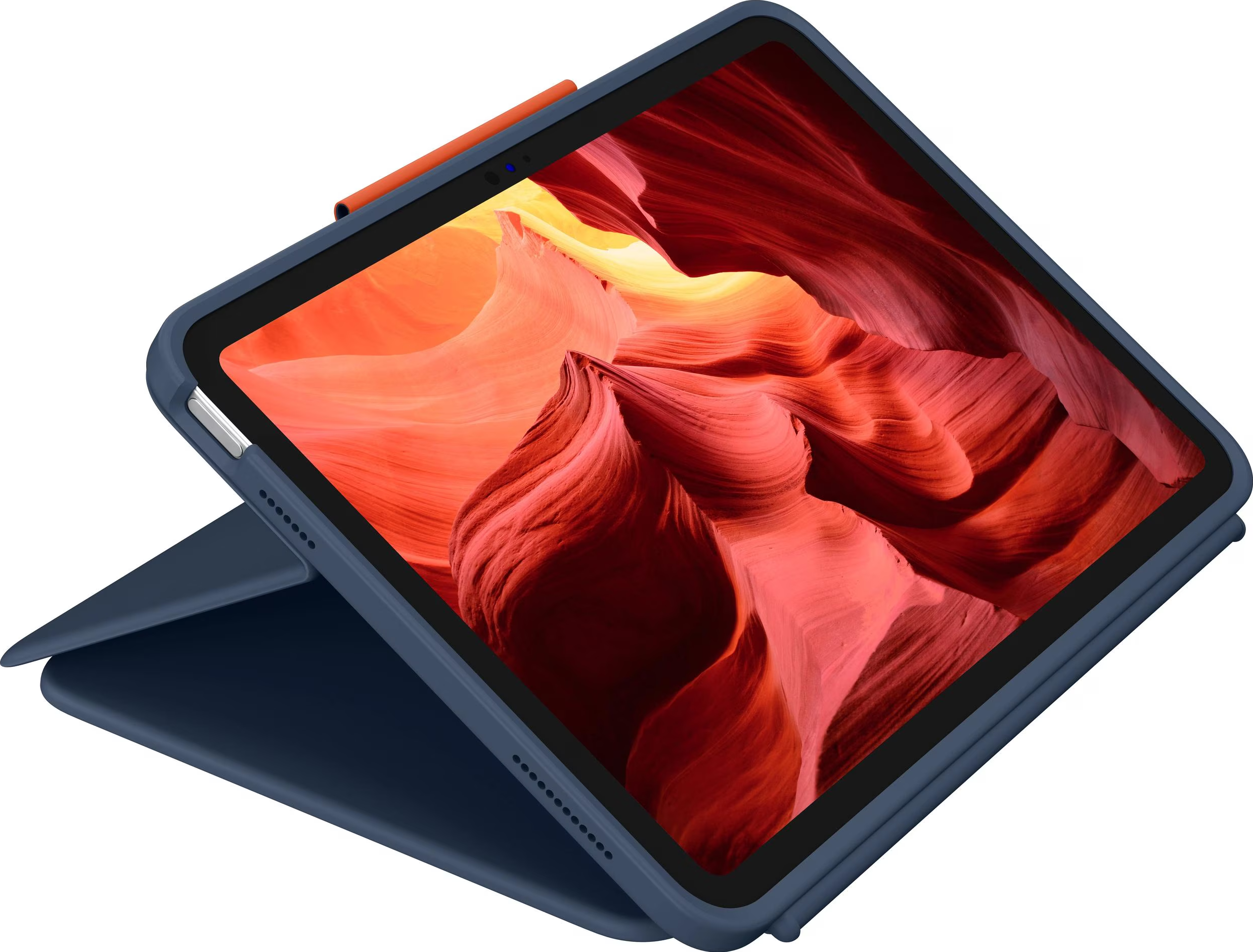 Ein blaues Tablet mit einem bunten Hintergrundbild und einem orangen Stift.