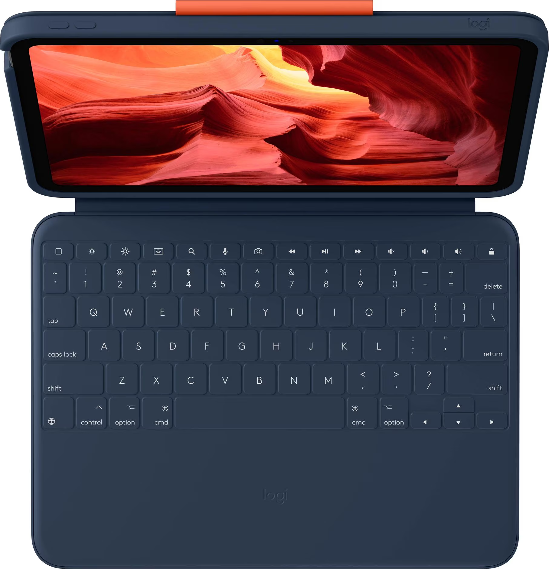 Ein dunkelblaues Tablet mit Tastatur im Querformat. Die Tastatur ist geöffnet.