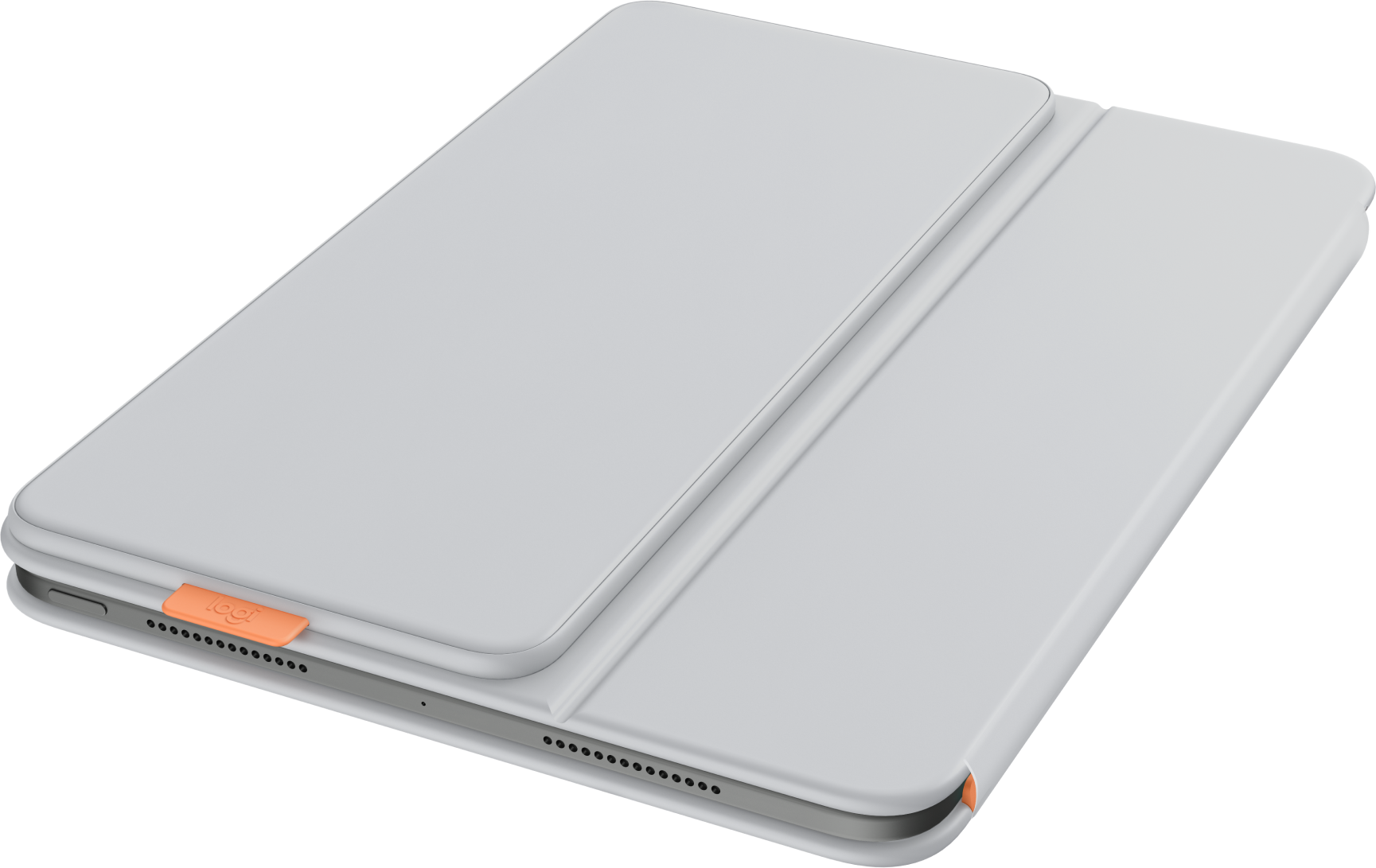 Graues Tablet mit orangefarbenem Logitech-Logo und Hülle.