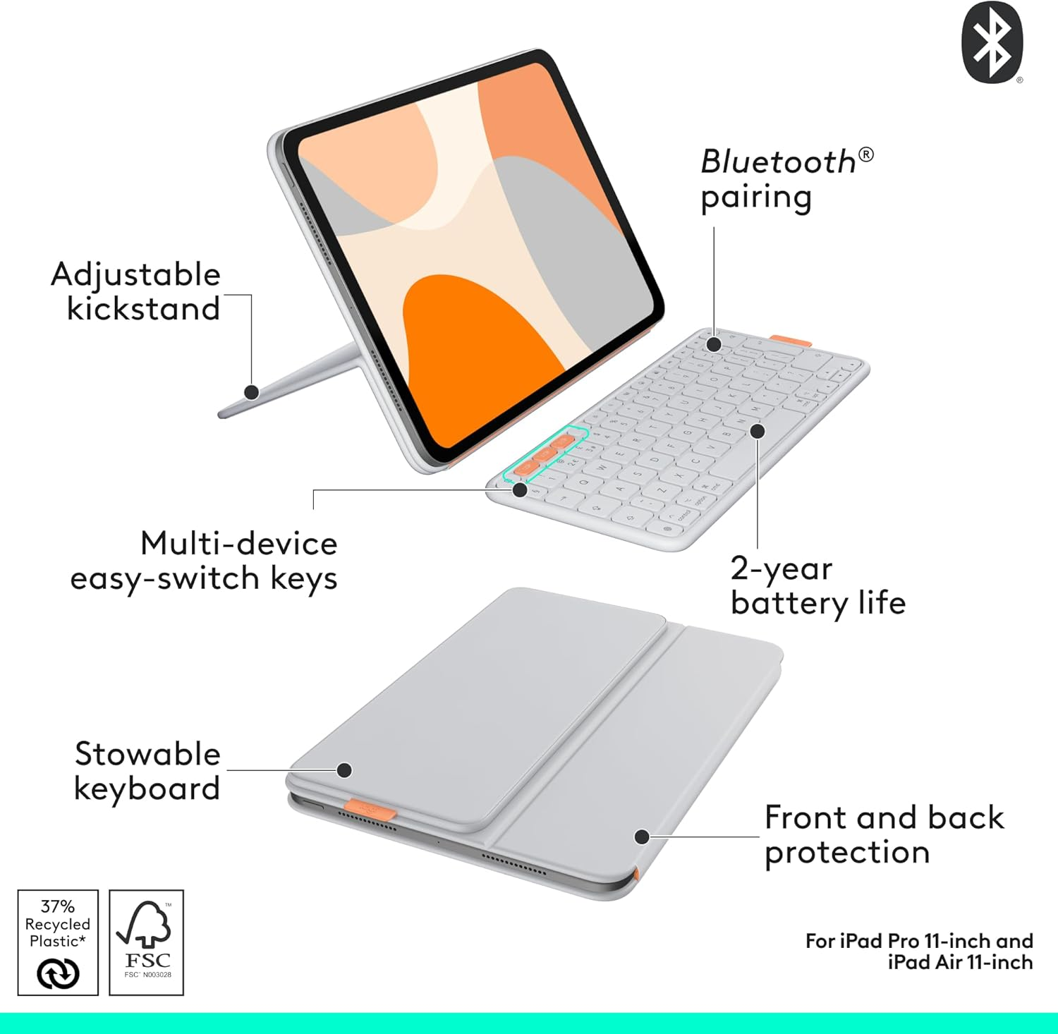 Ein Tablet mit Tastaturhülle, verstellbarem Ständer und Bluetooth.