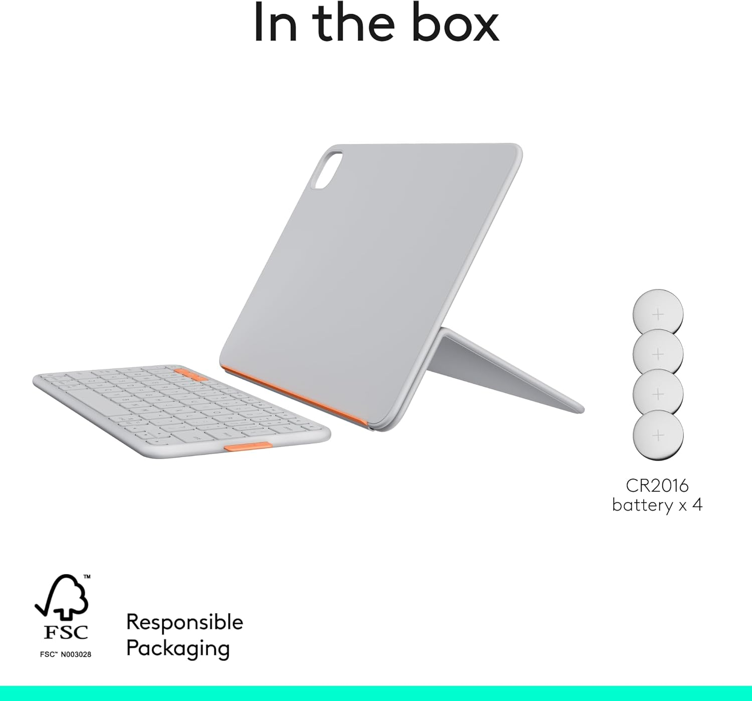 Im Karton: Weiße Tastatur, Tablet-Hülle und vier CR2016-Batterien.