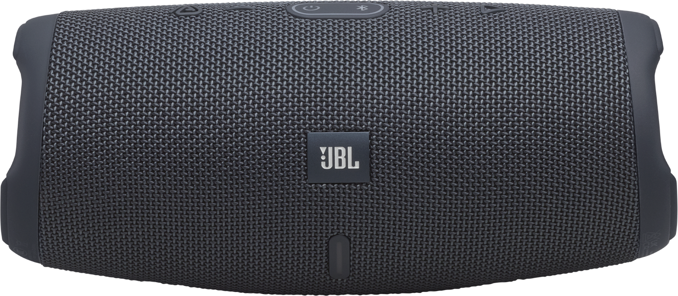 Enceinte JBL gris foncé avec grille en tissu et boutons sur le dessus.