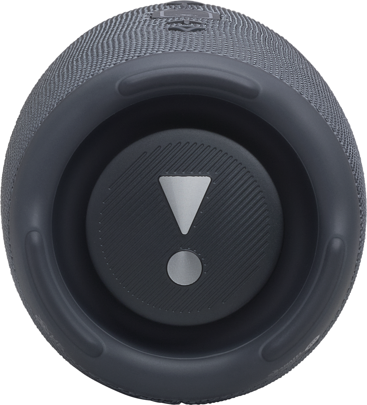 Haut-parleur rond gris avec logo JBL et motif côtelé.