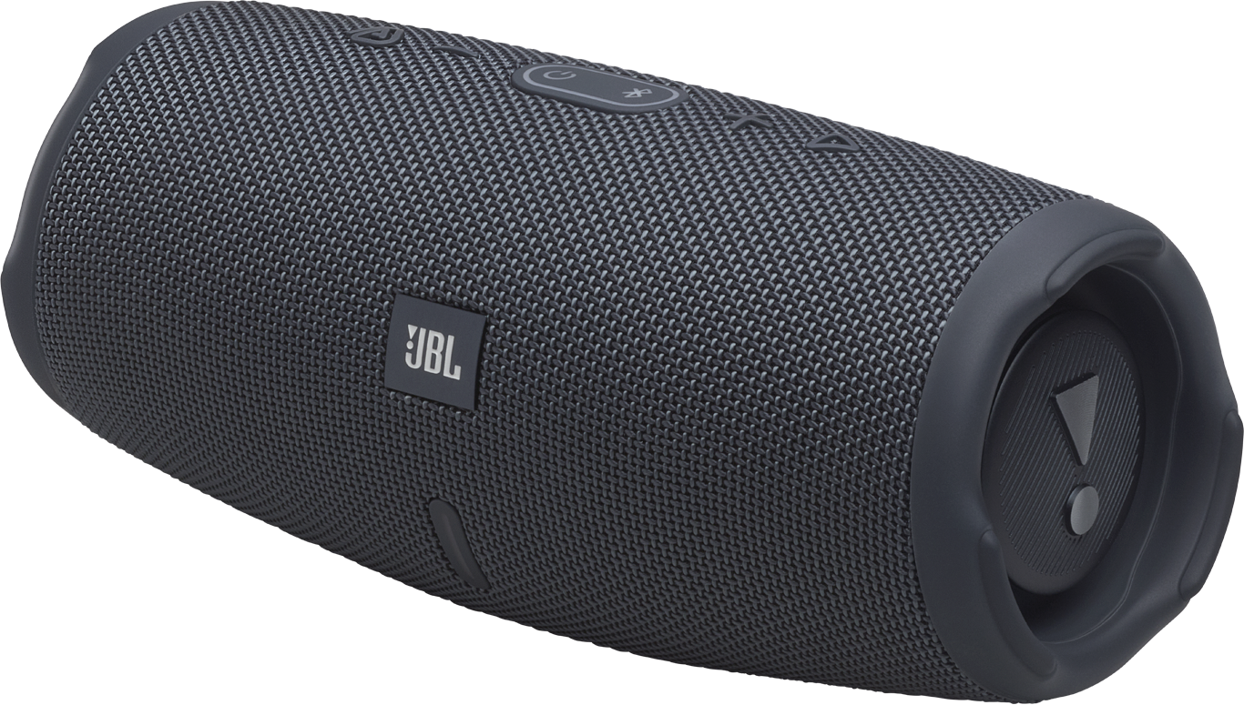 Une enceinte JBL gris foncé avec revêtement en tissu et boutons.