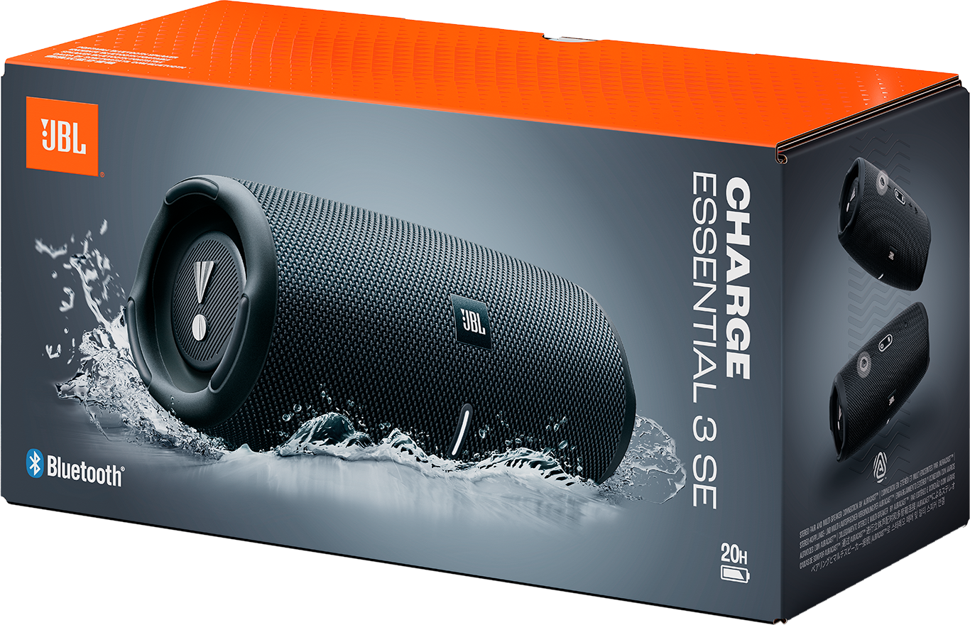 Enceinte Bluetooth JBL noire avec des éclaboussures d'eau sur l'emballage.