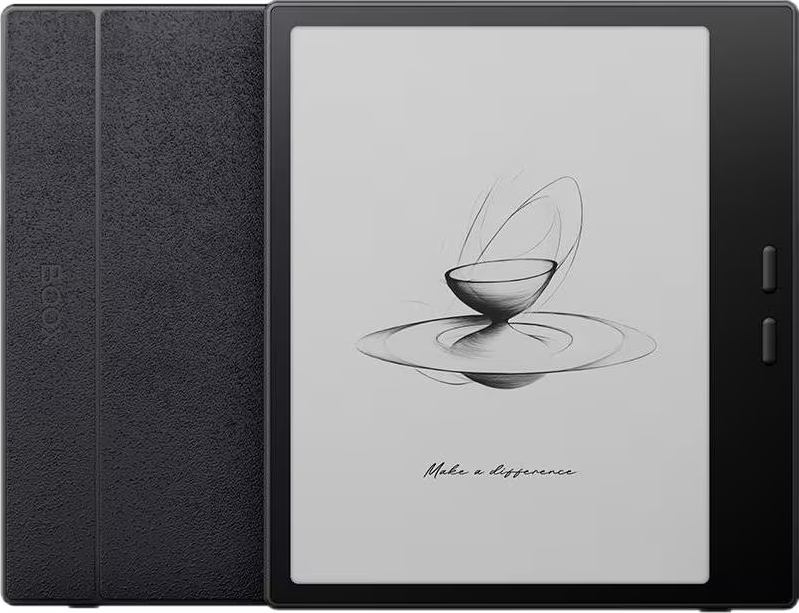 Un e-reader noir avec une couverture noire. L'écran affiche un croquis de bol sur une assiette et du texte.