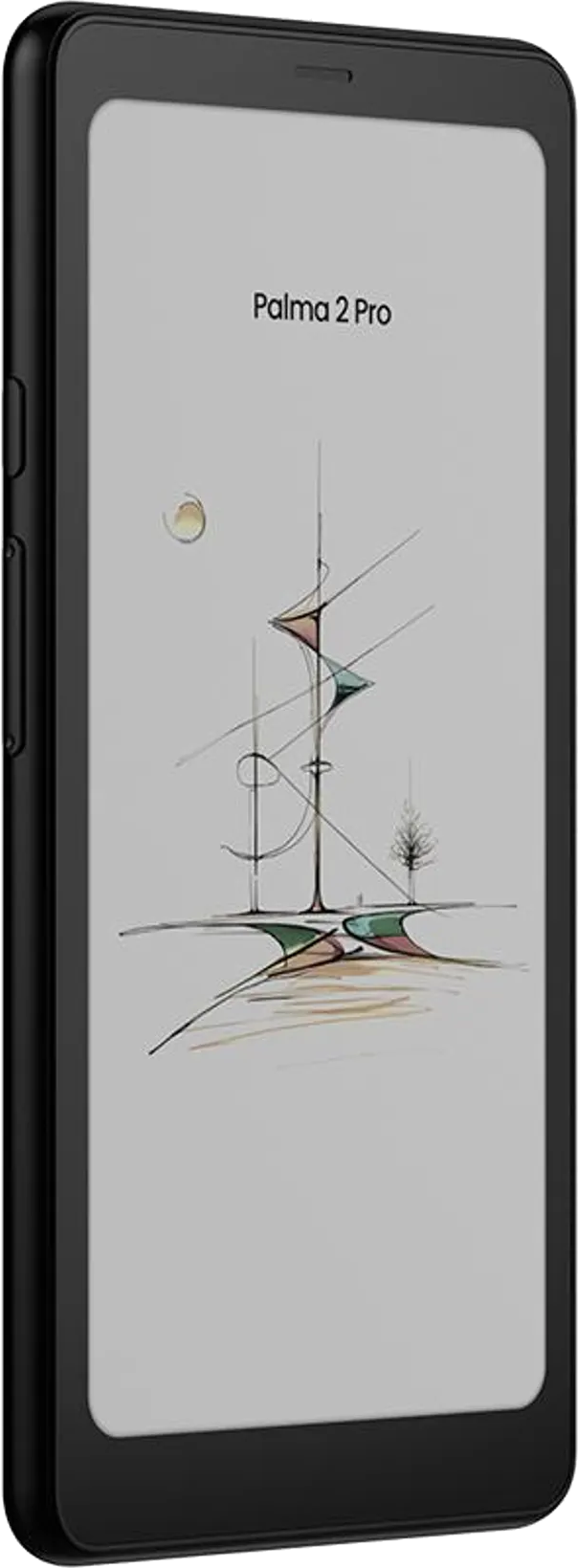 Ein schwarzes Smartphone zeigt eine abstrakte Zeichnung mit dem Text „Palma 2 Pro“.