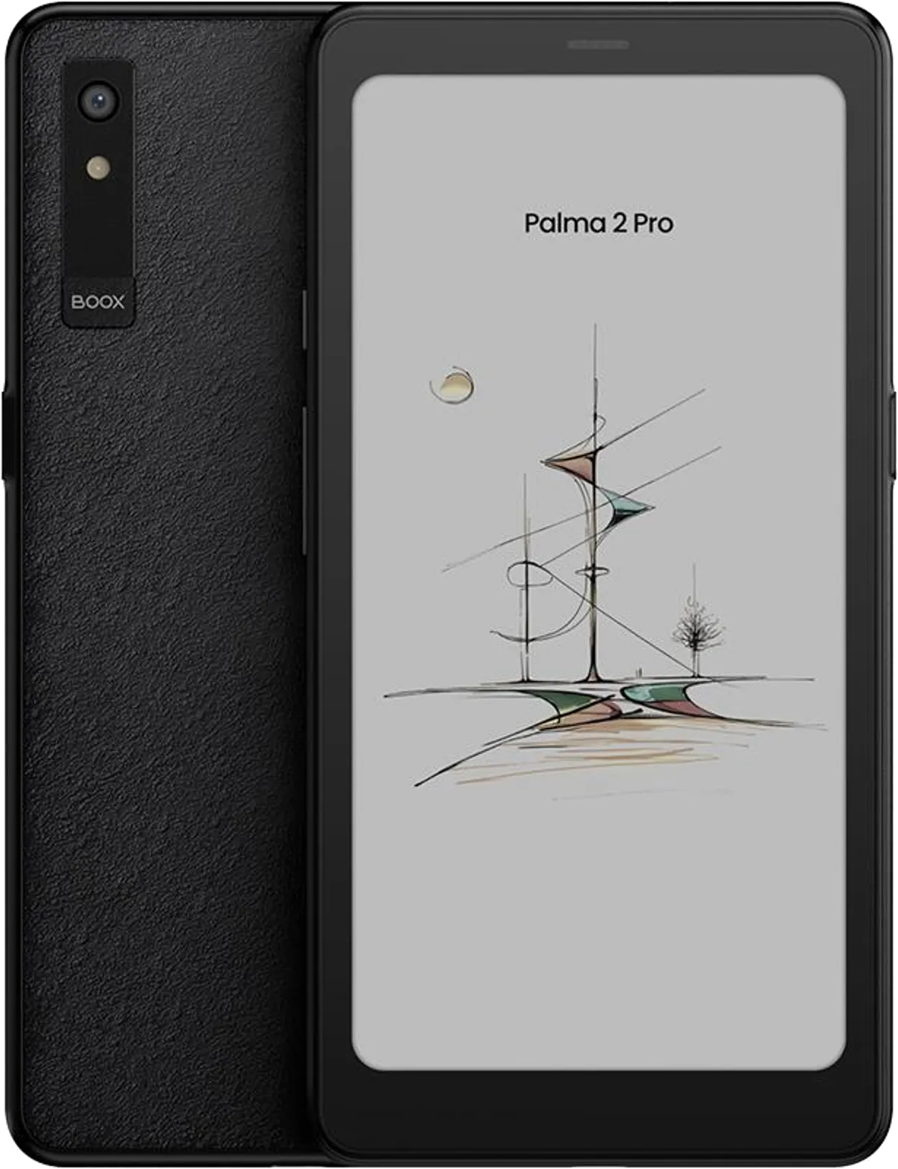 Schwarz das Palma 2 Pro E-Reader mit einer Kamerasensoreinheit und „BOOX“ auf der Rückseite.
