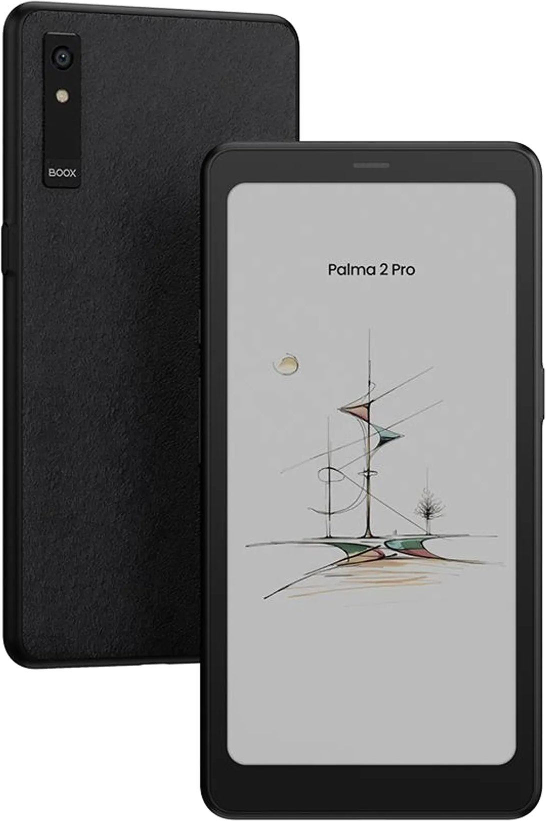 Schwarzer BOOX Palma 2 Pro E-Reader mit texturierter Rückseite und einem Bildschirm, der abstrakte Kunst zeigt.