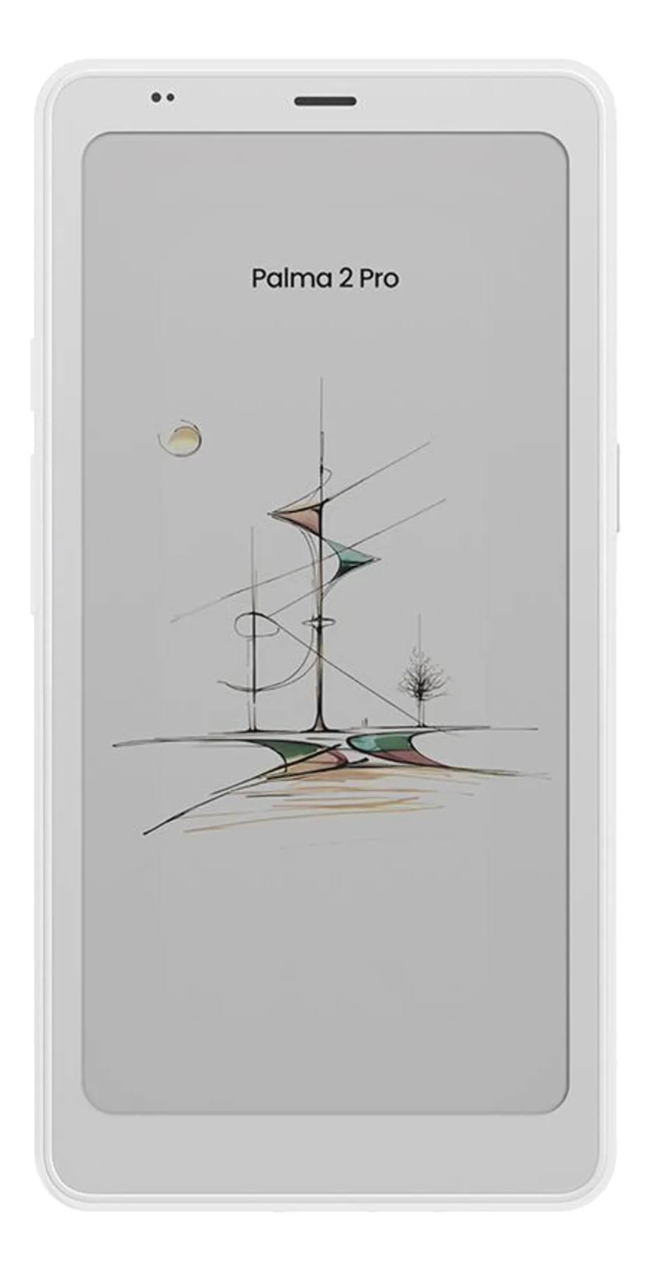Ein Smartphone zeigt eine abstrakte Zeichnung mit Linien, Formen und einem Baum.