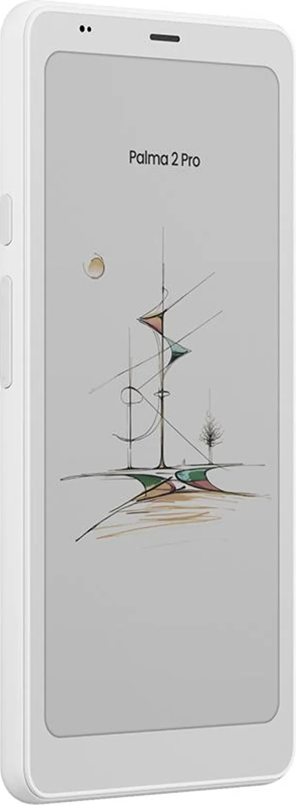 Ein weißes Smartphone mit dem Text "Palma 2 Pro" und einer abstrakten Zeichnung.