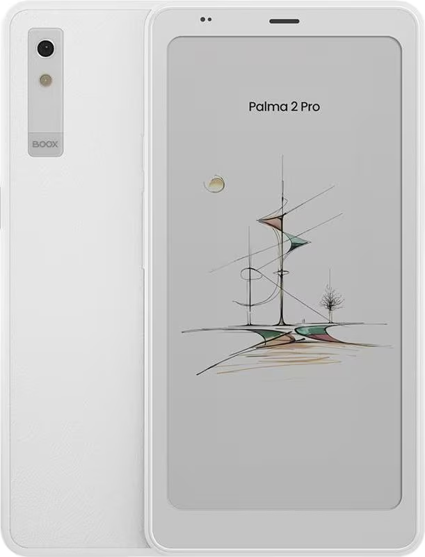 Ein weißes Boox Palma 2 Pro E-Reader wird gezeigt. Der Bildschirm zeigt abstrakte Kunst.