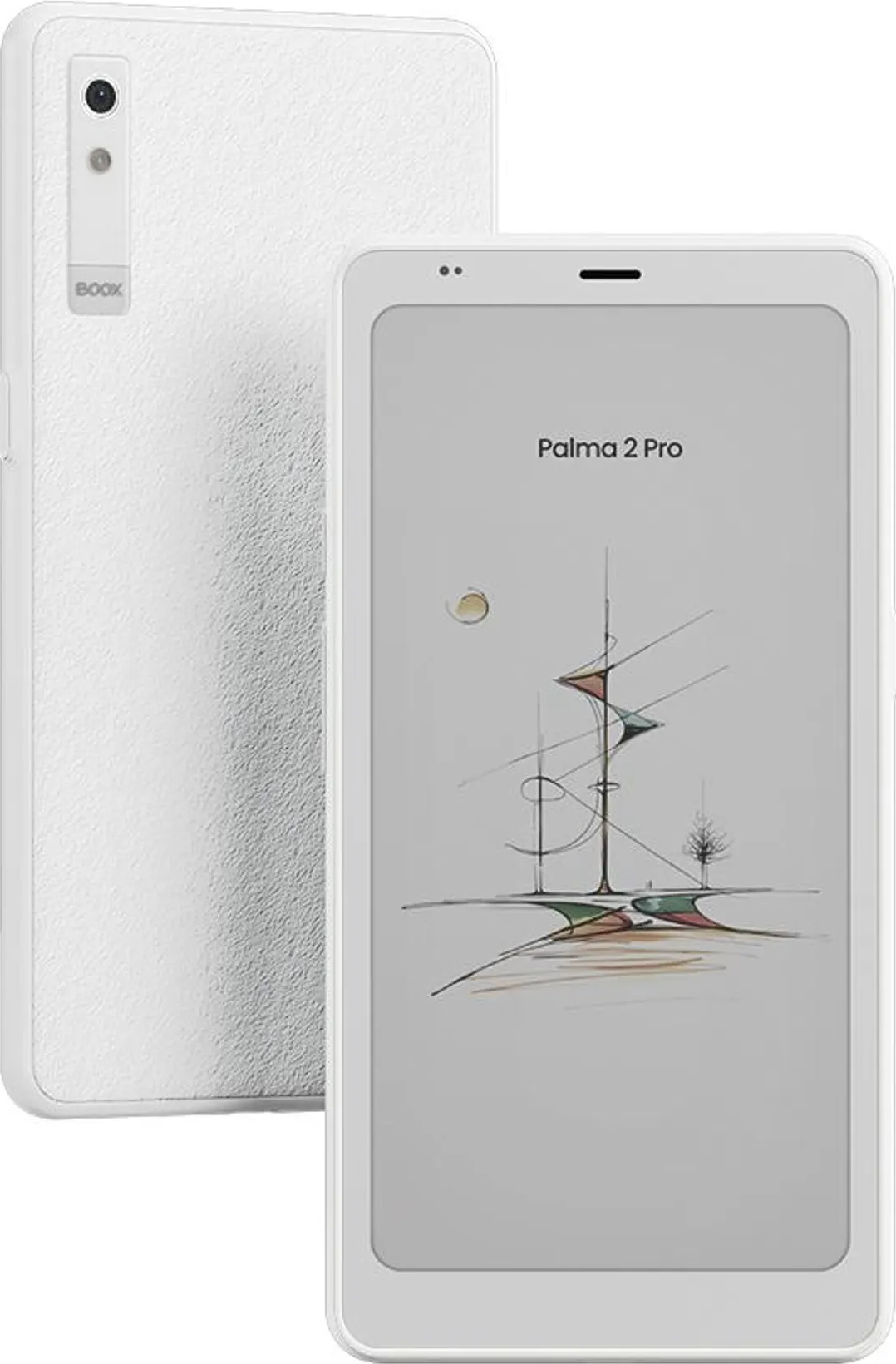 Ein weißes Smartphone mit einer Rückseite und einem eingeschalteten Bildschirm.