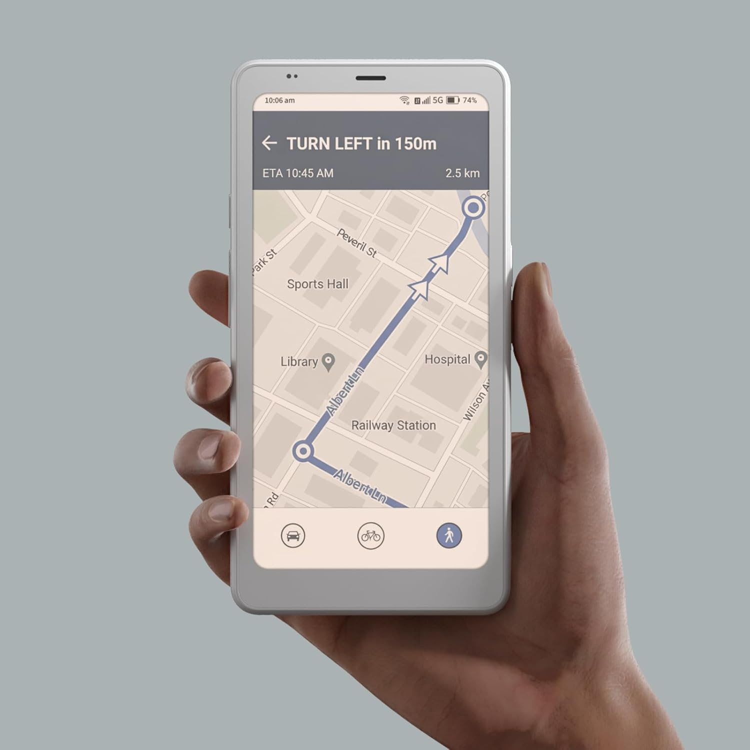 Handy zeigt Karte mit Route: 150m links abbiegen. Ankunft 10:45 Uhr.