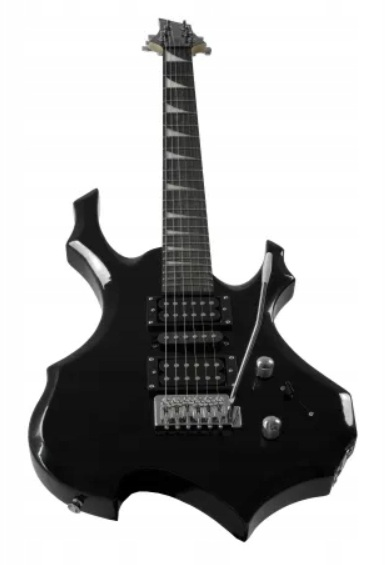 Czarna gitara elektryczna ze srebrnym osprzętem i spiczastym korpusem.