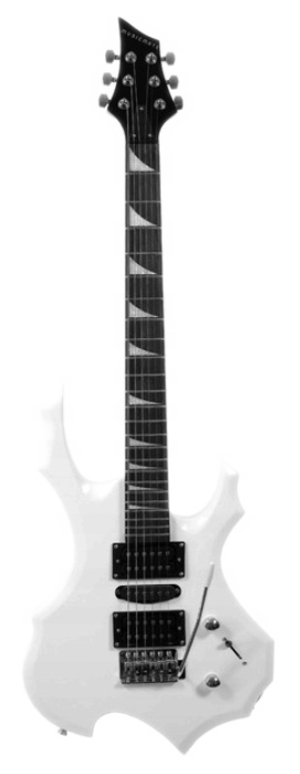 Biała gitara elektryczna z czarnymi przetwornikami i srebrnymi kluczami.
