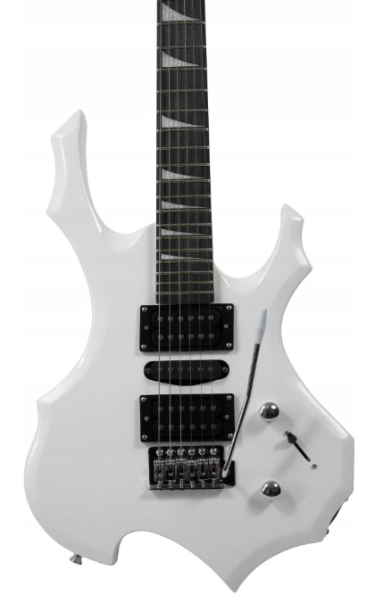 Biała gitara elektryczna z czarnymi przetwornikami i srebrnym mostkiem.