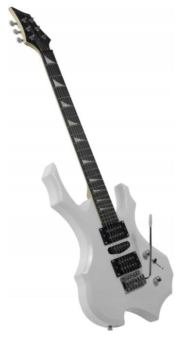 Biała gitara elektryczna z czarnymi przetwornikami i srebrnym osprzętem.