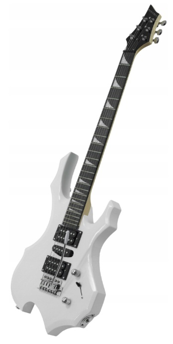 Biała gitara elektryczna z czarnymi przetwornikami i srebrnym osprzętem.
