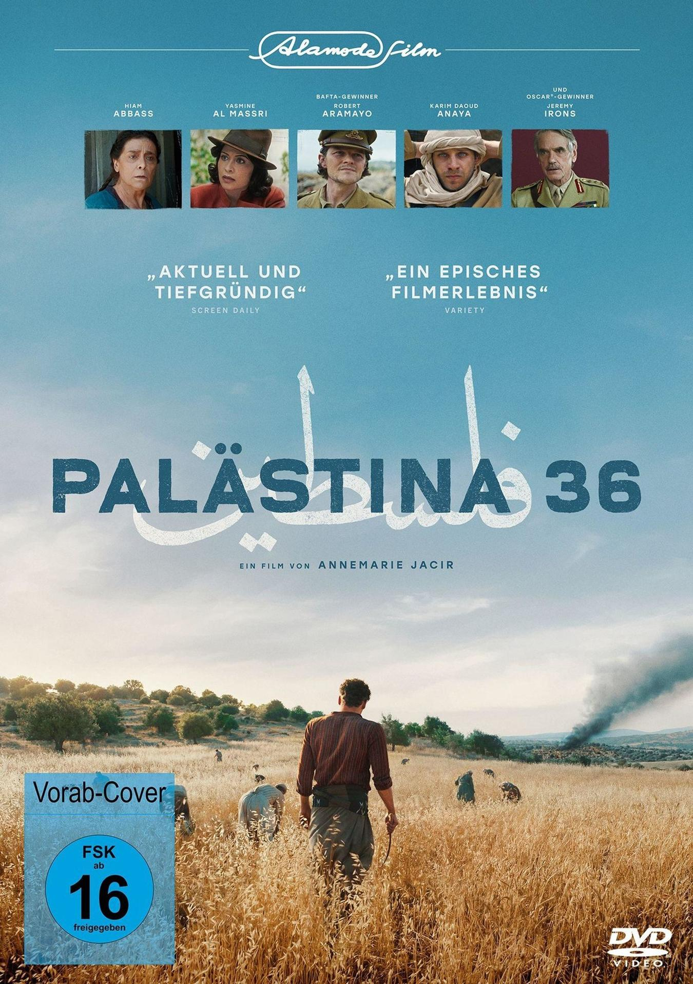 Filmplakat: Palästina 36 mit Darstellern, Zitaten und FSK-Siegel.