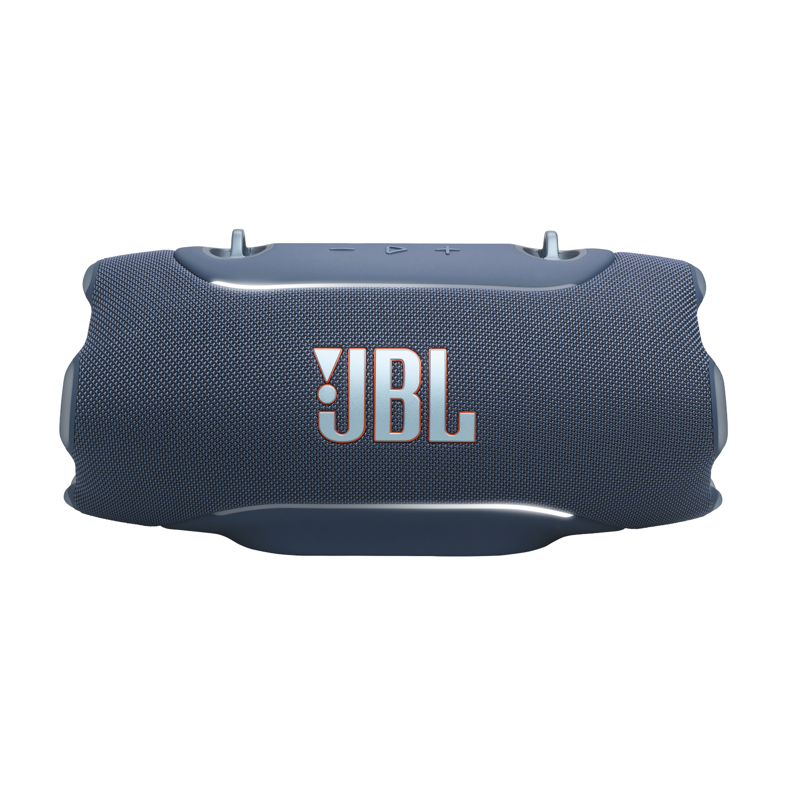 Siyah arka plan üzerinde logo bulunan mavi bir JBL hoparlör.