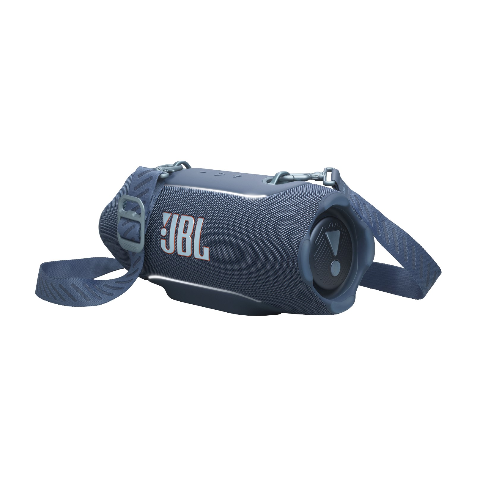 Koyu mavi JBL Bluetooth hoparlör askılı, siyah arka plan üzerinde.