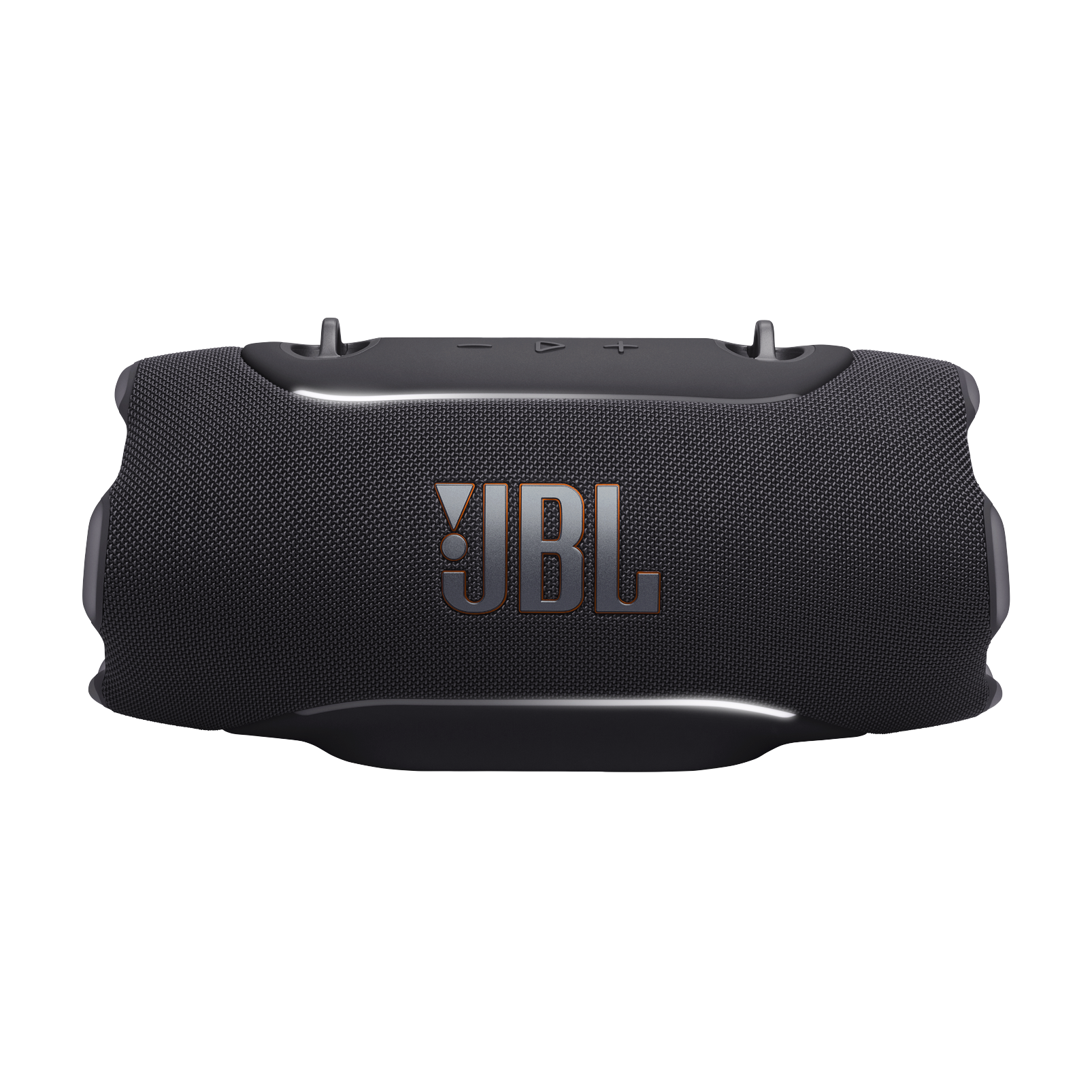 Gri JBL logolu siyah JBL Bluetooth hoparlör ve ışık vurguları.