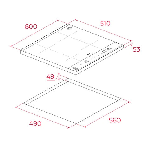 Rysunek techniczny płyty indukcyjnej z wymiarami. Góra 600x510x53mm. Wycięcie 490x560mm, głębokość 49mm.