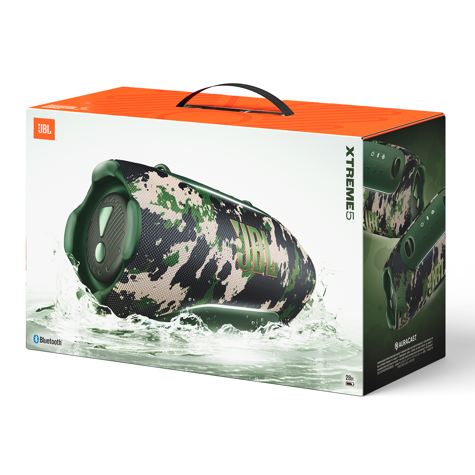 Kamuflaj desenli JBL Xtreme 5 hoparlör suya dalıyor.