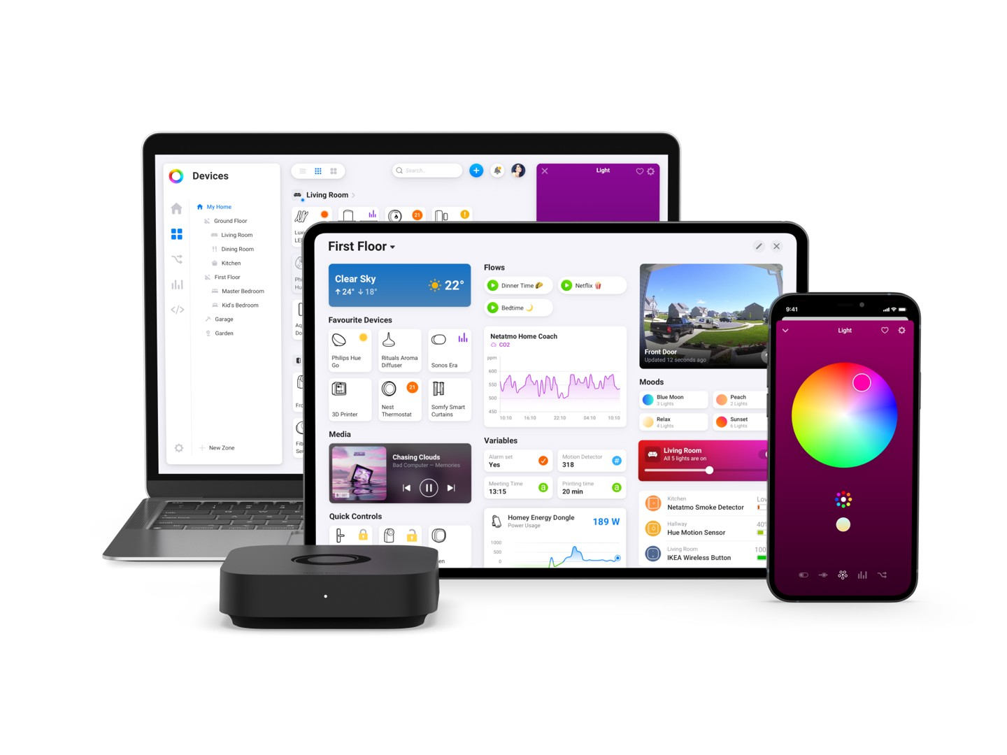 Ein Laptop, Tablet und Smartphone zeigen eine Smart-Home-App mit Lichtern, Wetter und Geräten.