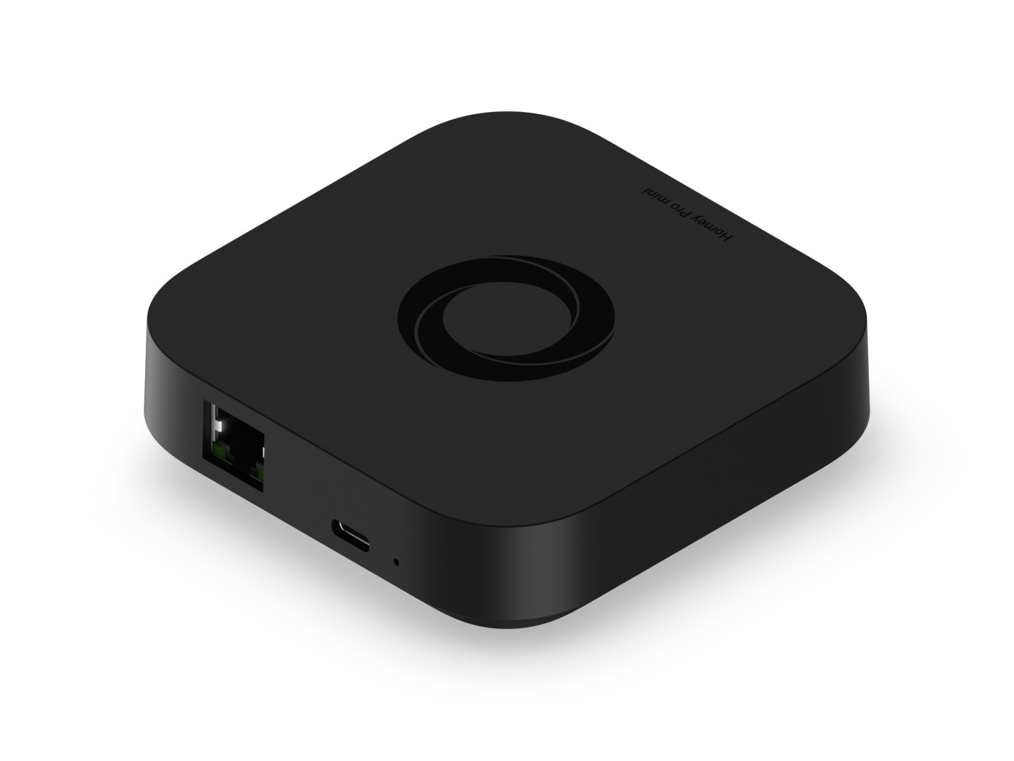 Schwarzes Homey Pro Mini Gerät mit Ethernet- und USB-C-Anschlüssen.
