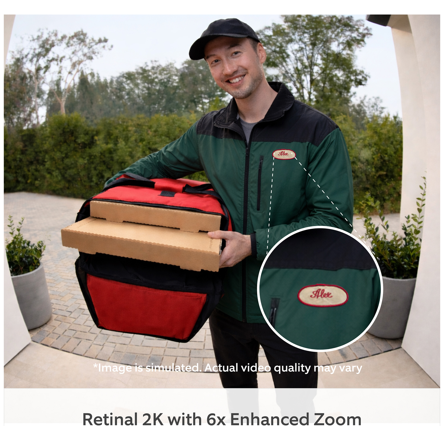 A delivery person holds pizza boxes in a red bag, wearing a green jacket.